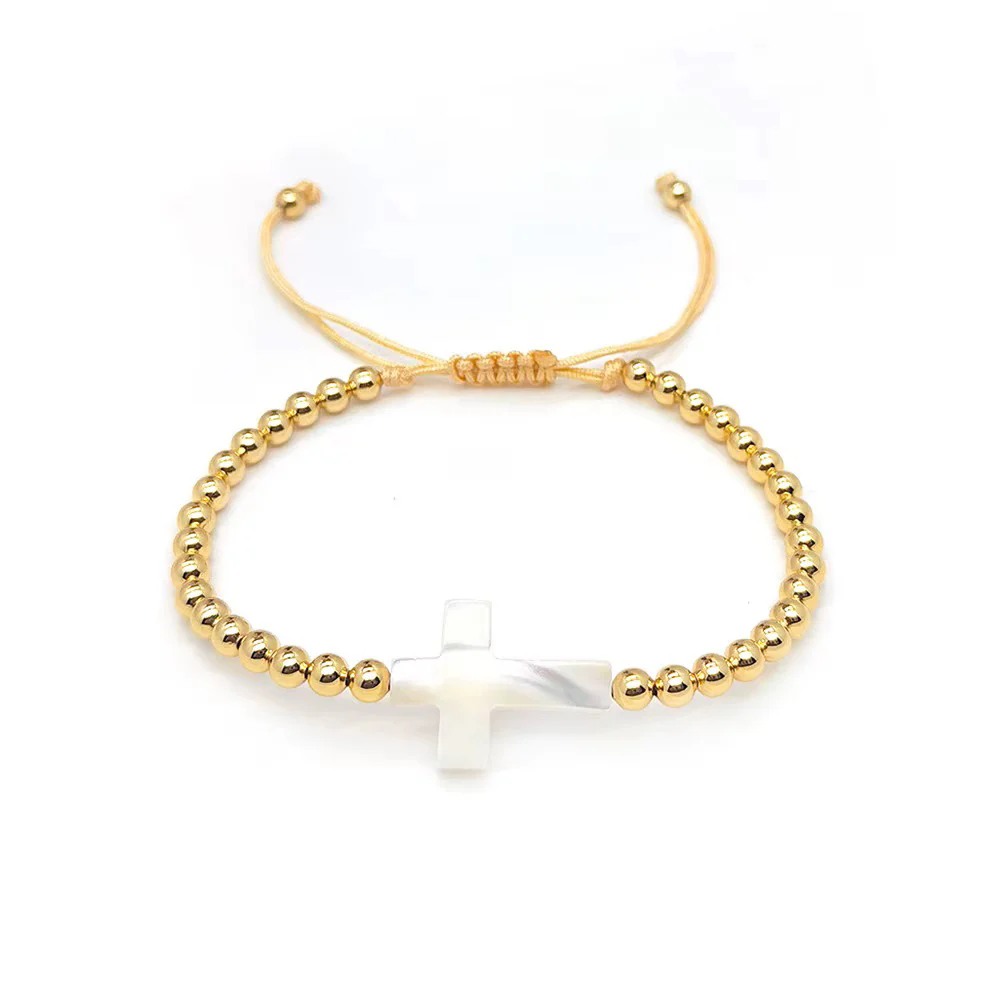 Natural Shell Cross & Gold Bead Corded Bracelet