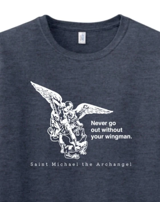 Never Go Without Your Wingman St. Michael Navy Adult T-Shirt - Image 2