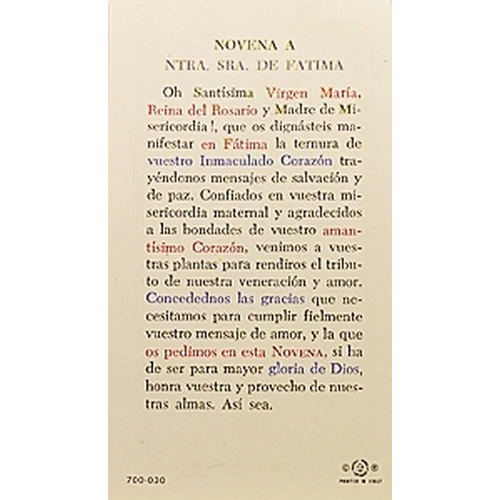 Novena a Nuestra Senora de Fatima – (Our Lady of Fatima) -Spanish Prayer Card - Image 2