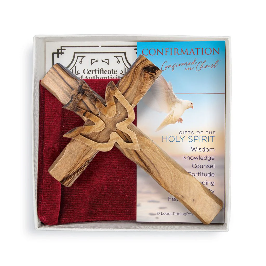 Olive Wood Dove Confirmation Cross & Prayer Card