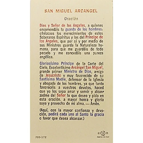 Oracion a San Miguel Arcangel (St. Michael) - Spanish Prayer Card - Image 2