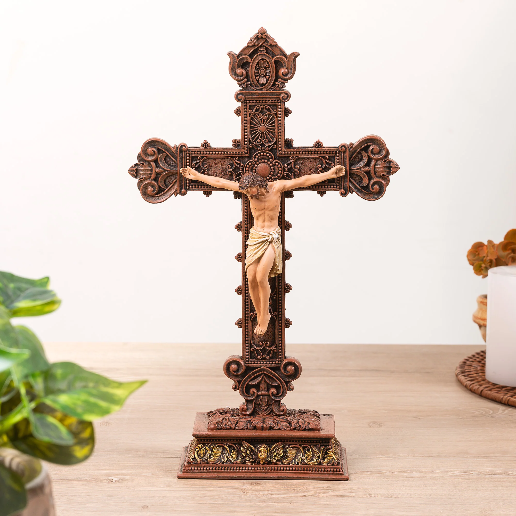 Ornate Bronze Style Standing Crucifix