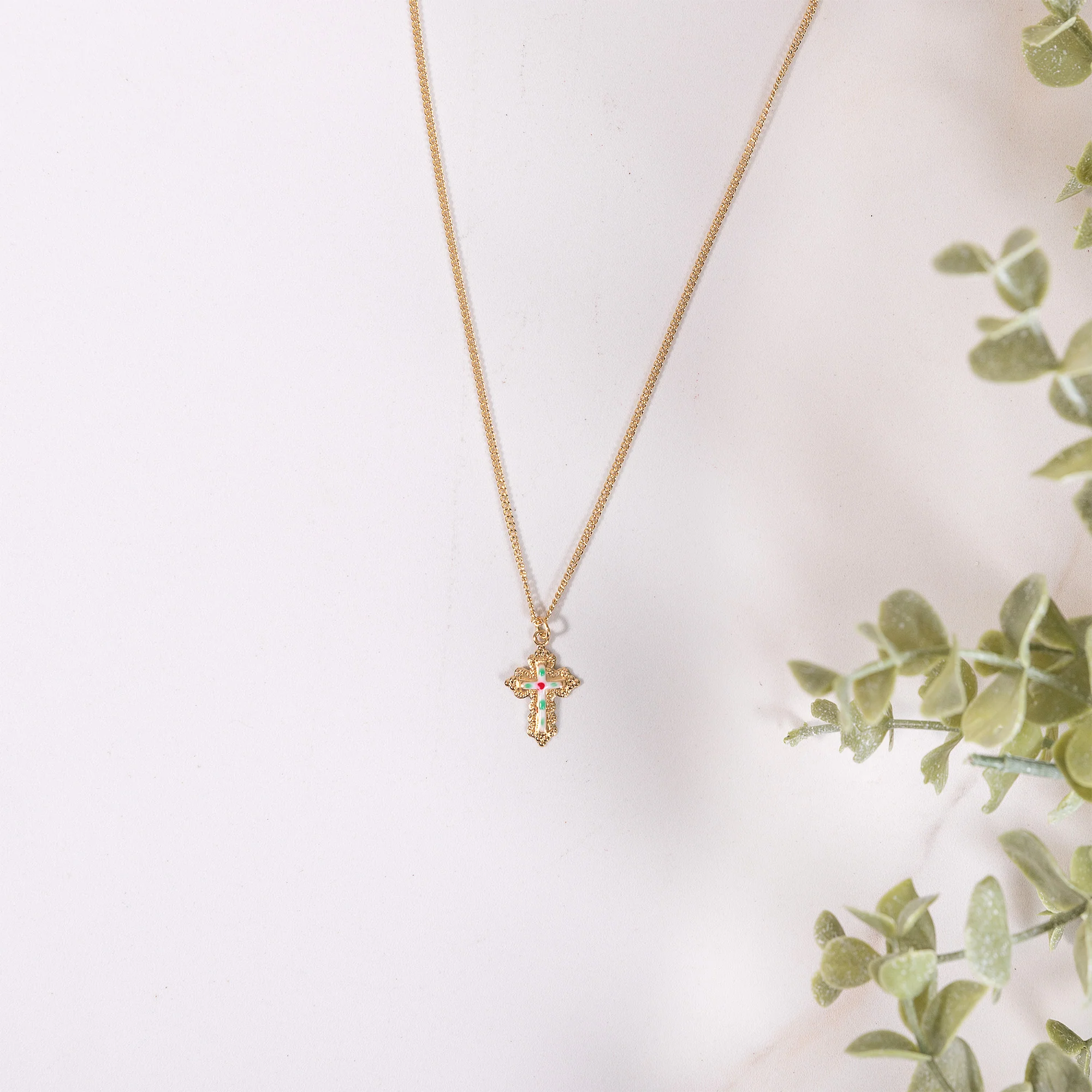 Ornate Cloisonné Cross Necklace - Gold or Silver