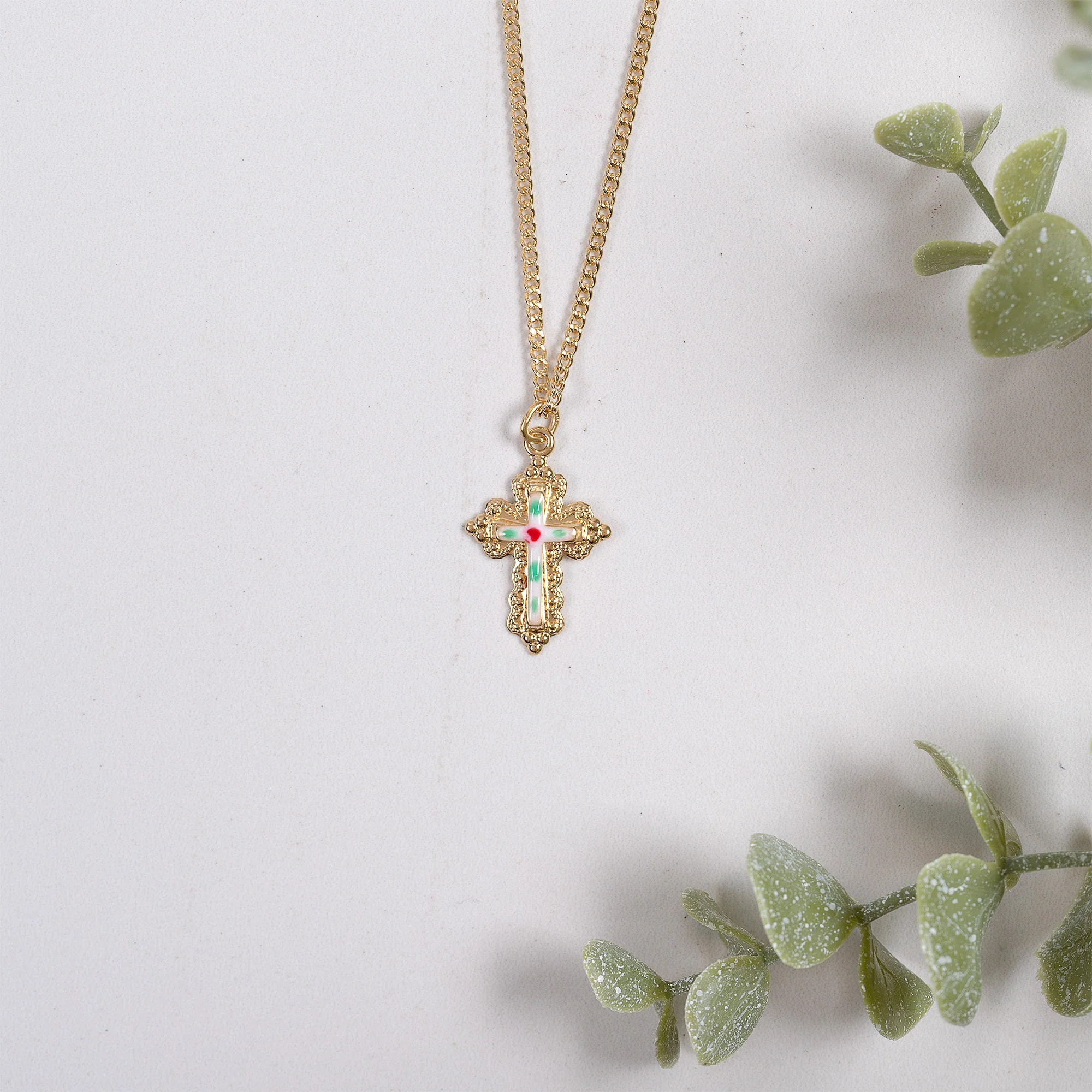 Ornate Cloisonné Cross Necklace - Gold or Silver - Image 2