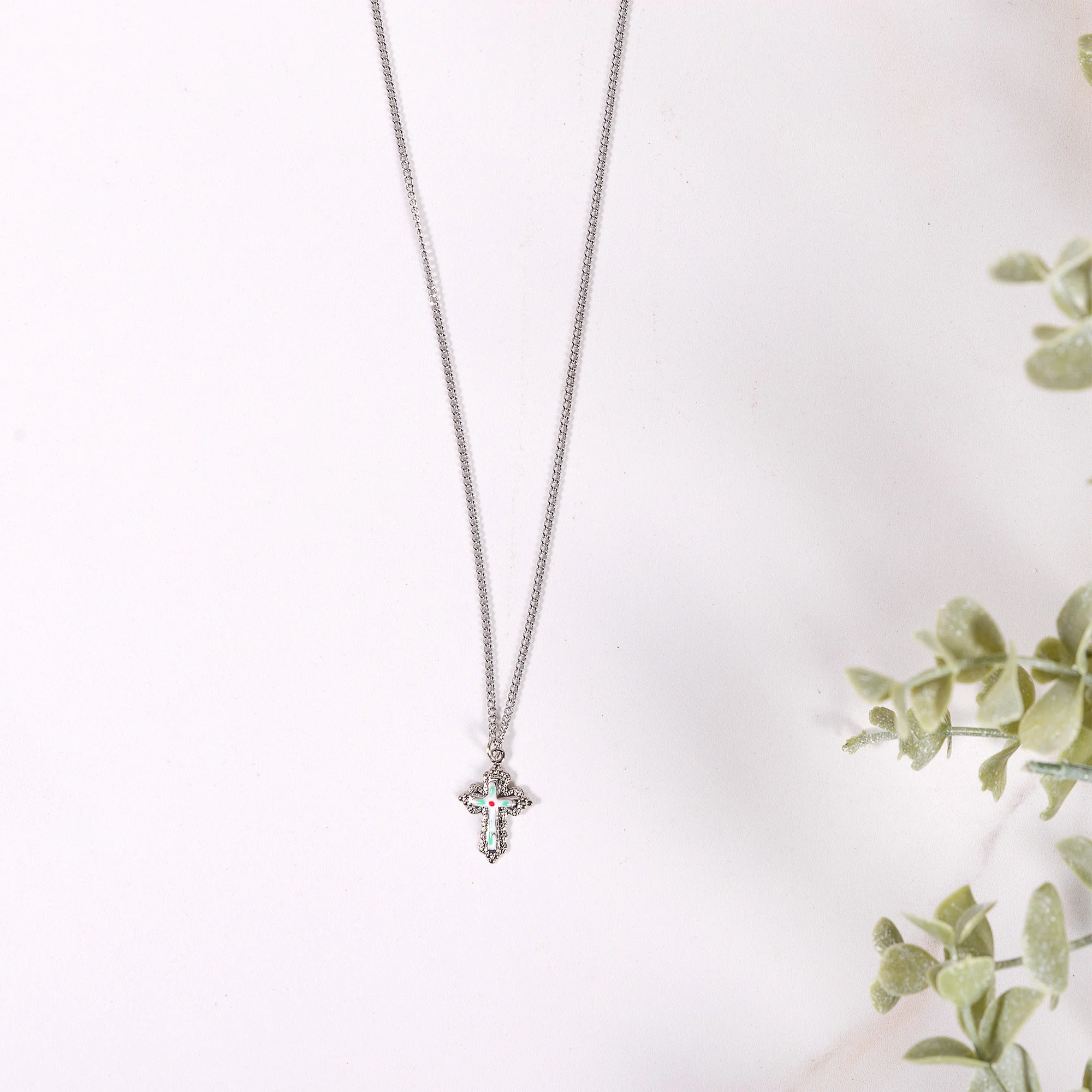 Ornate Cloisonné Cross Necklace - Gold or Silver - Image 3