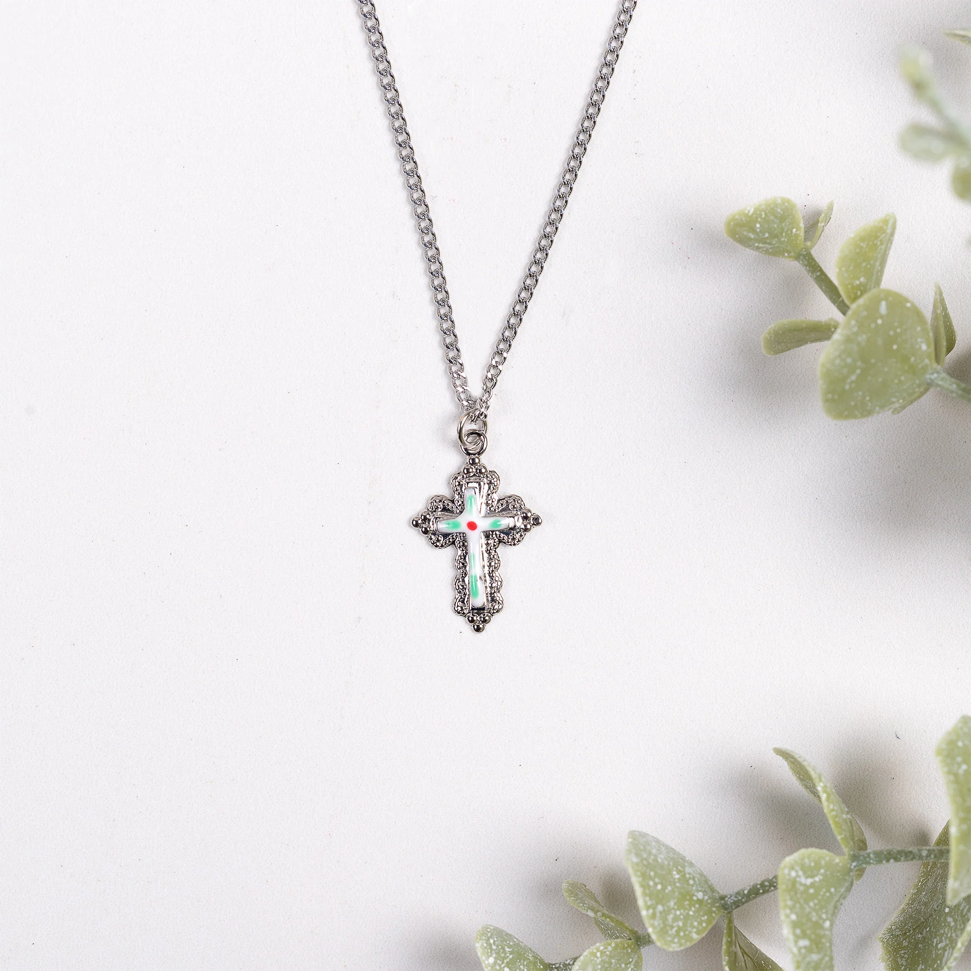 Ornate Cloisonné Cross Necklace - Gold or Silver - Image 4