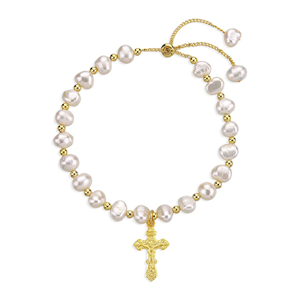 Ornate Freshwater Pearl & Gold Crucifix Bracelet