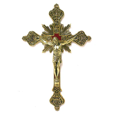 Ornate Gold Wall Crucifix with Red Inlay - 8" - Image 2