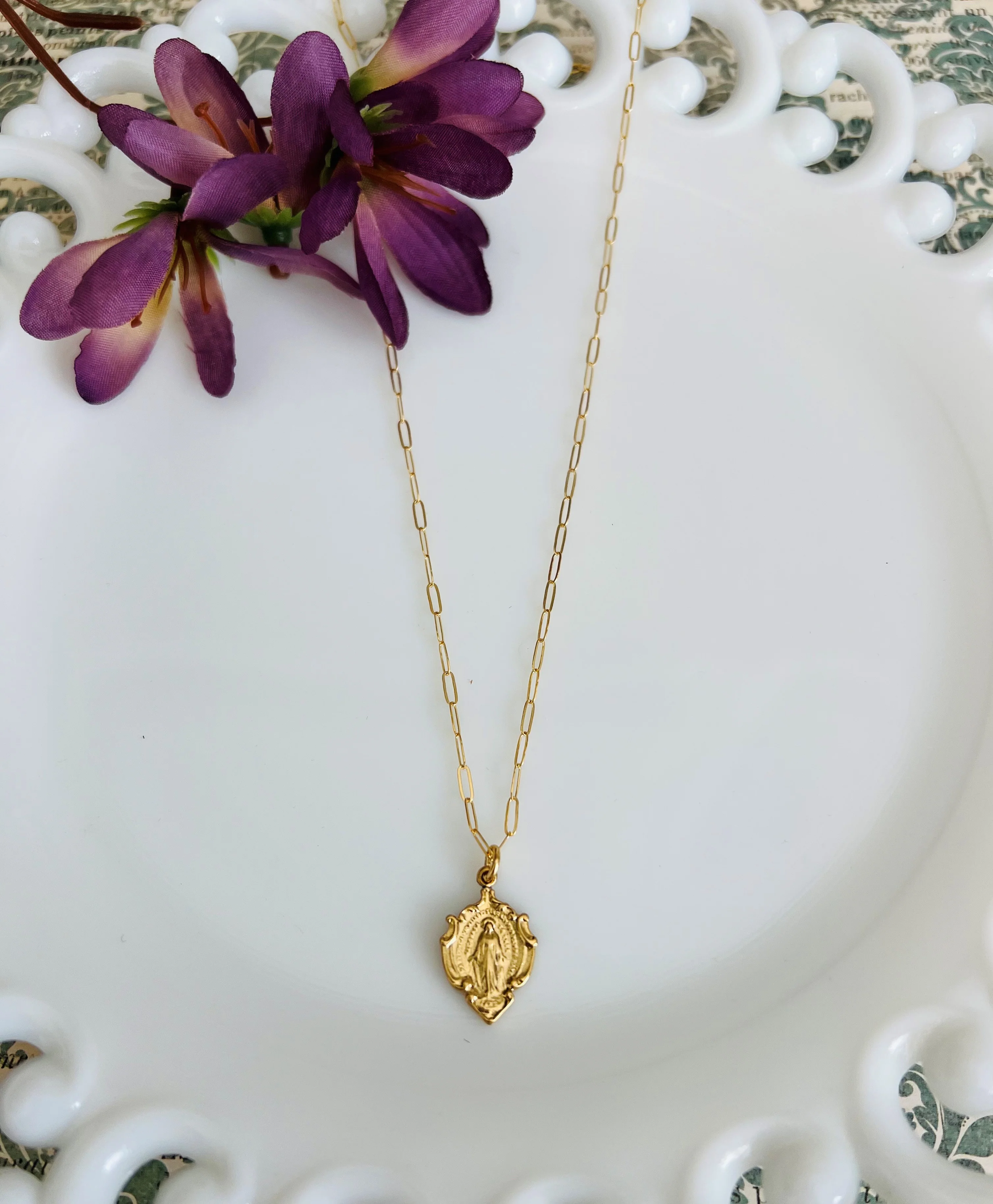 Ornate Miraculous Medal on Petite Paperclip Chain Necklace