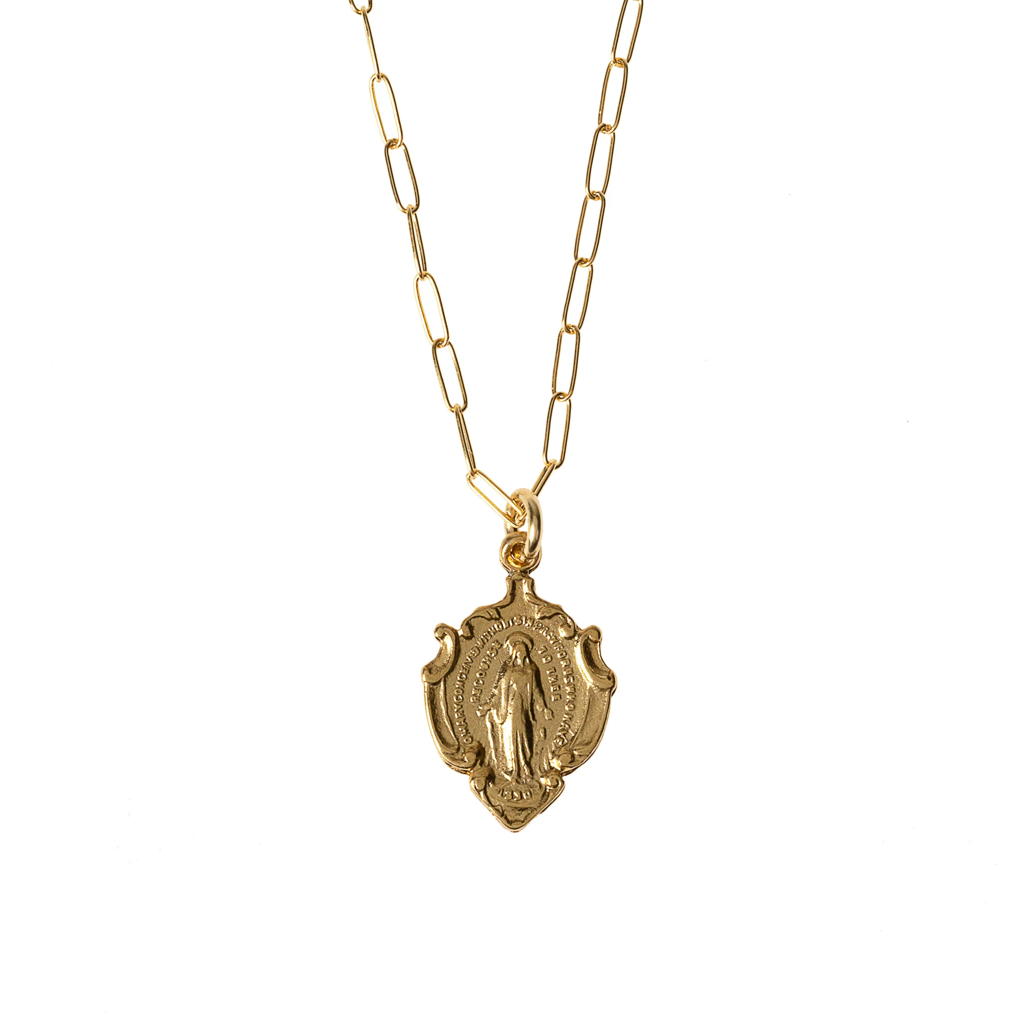 Ornate Miraculous Medal on Petite Paperclip Chain Necklace - Image 2