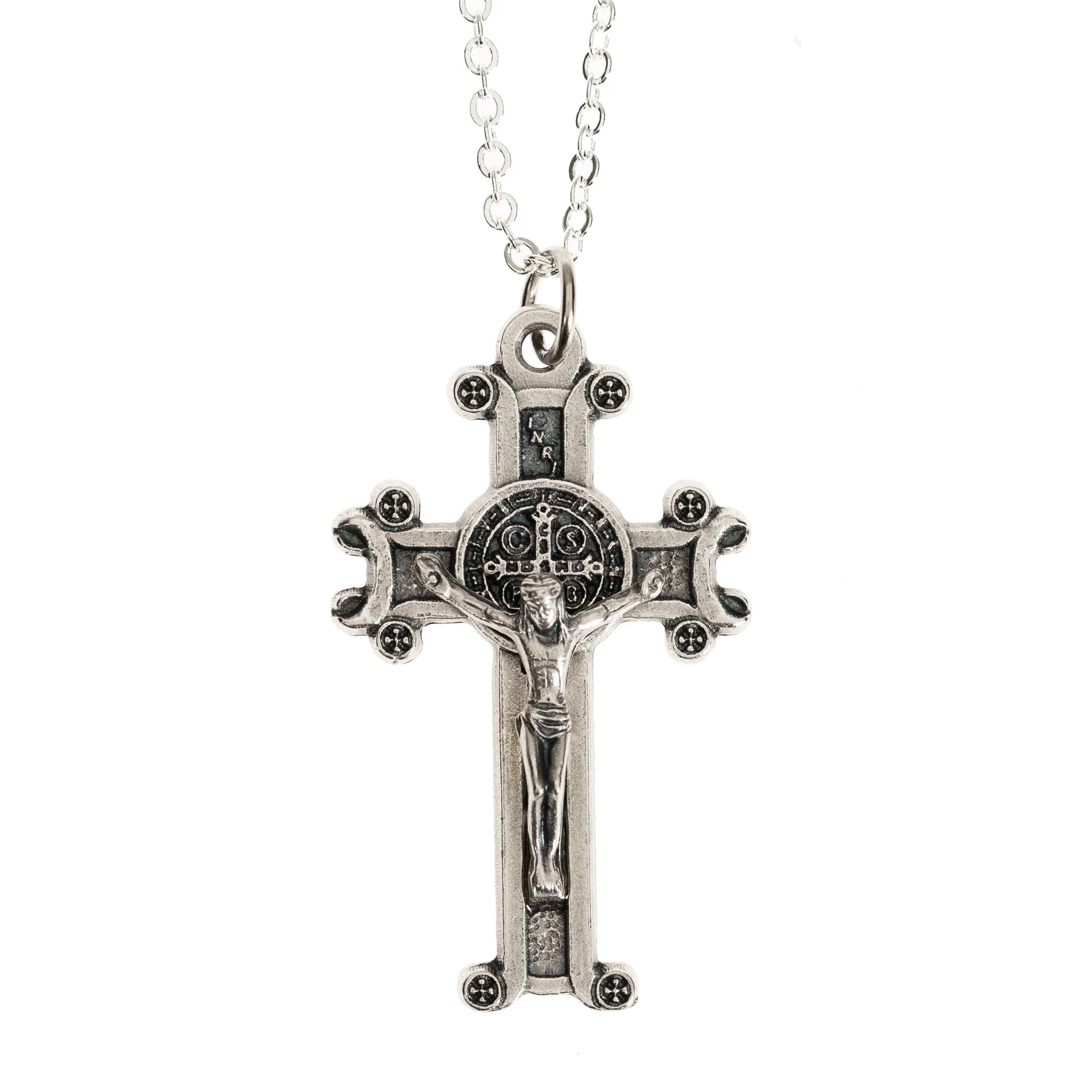 Ornate St. Benedict Crucifix Necklace in Silver Tone