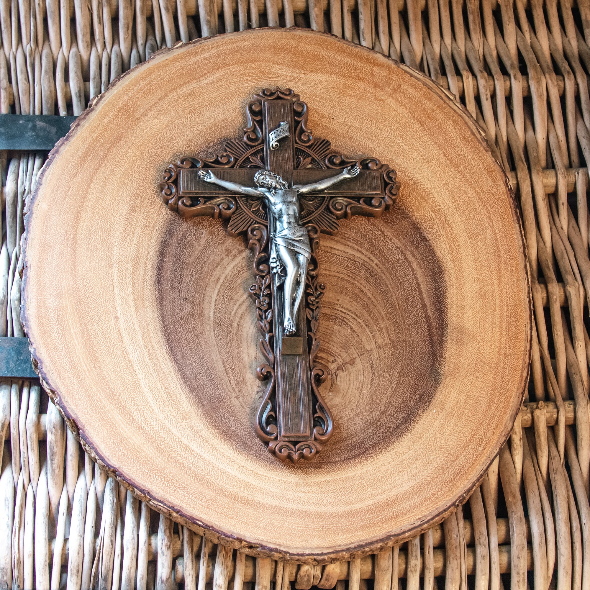 Ornate Wood Look Sunburst Crucifix - 10" - Image 2