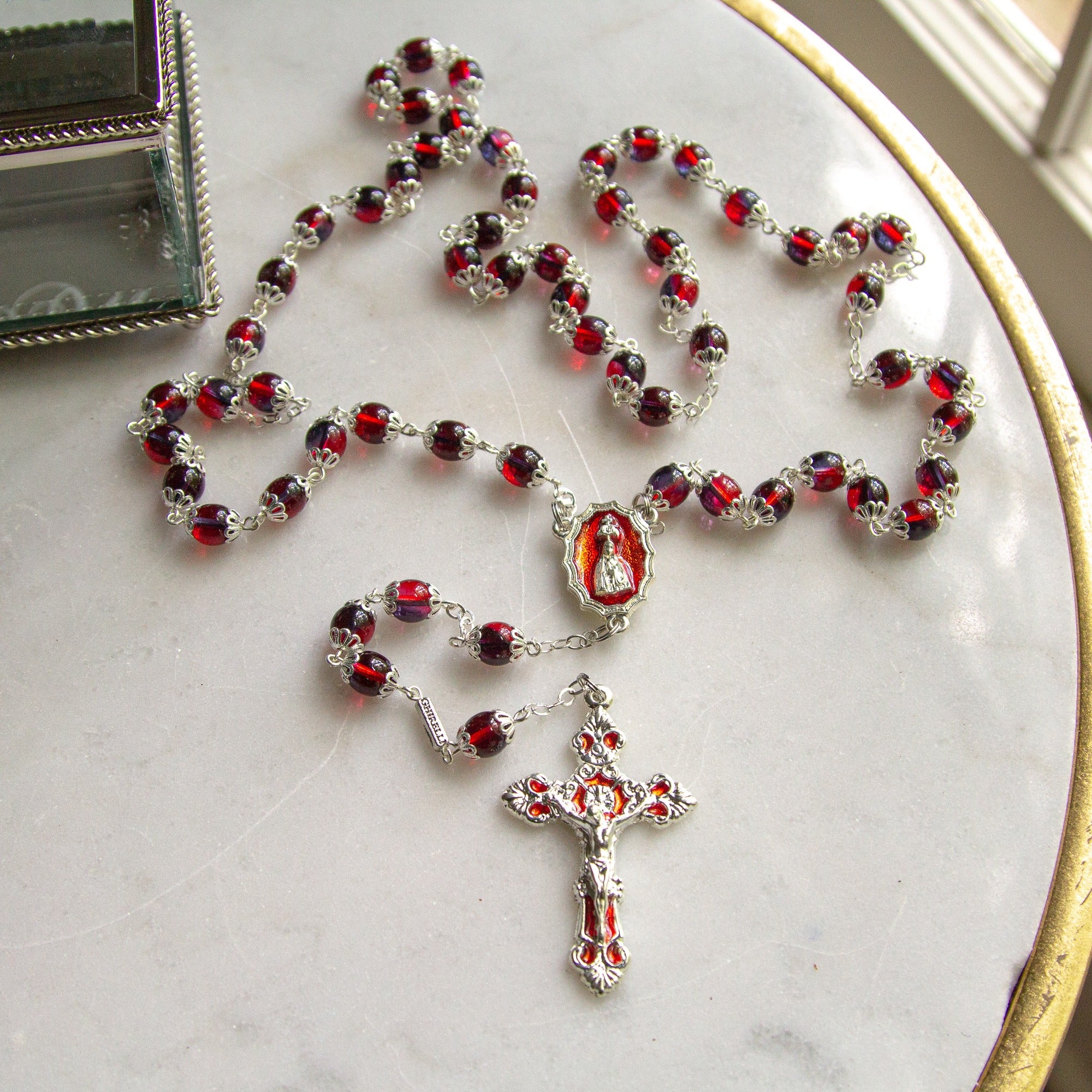 Our Lady of Fatima Hand Enameled Red Rosary - Image 2