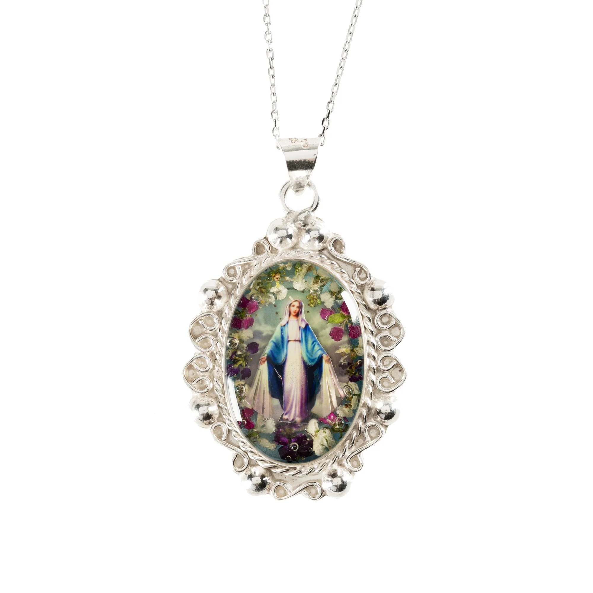 Our Lady of Grace Baroque Pendant with Pressed Flowers, 16"