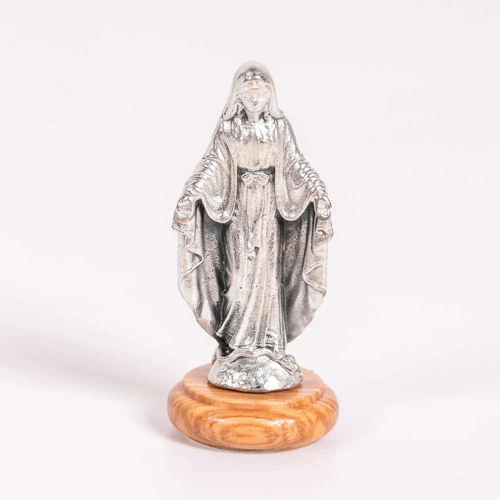 Our Lady of Grace or Our Lady of the Miraculous Medal Figurine on Olive Wood Base - 2.64"