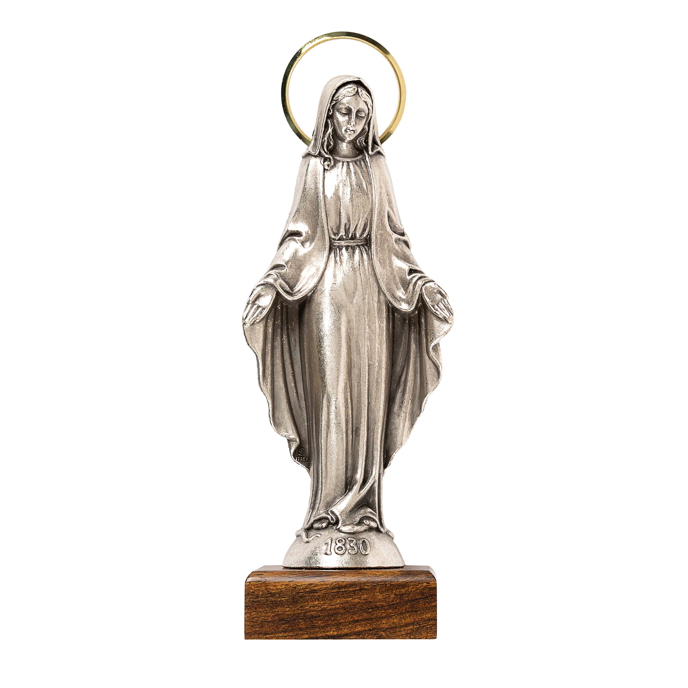 Our Lady of Grace Silver Figurine on Wood Base - 7" - Image 2