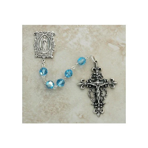 Our Lady of Lourdes Sterling Silver Swarovski Aqua Rosary - Image 2