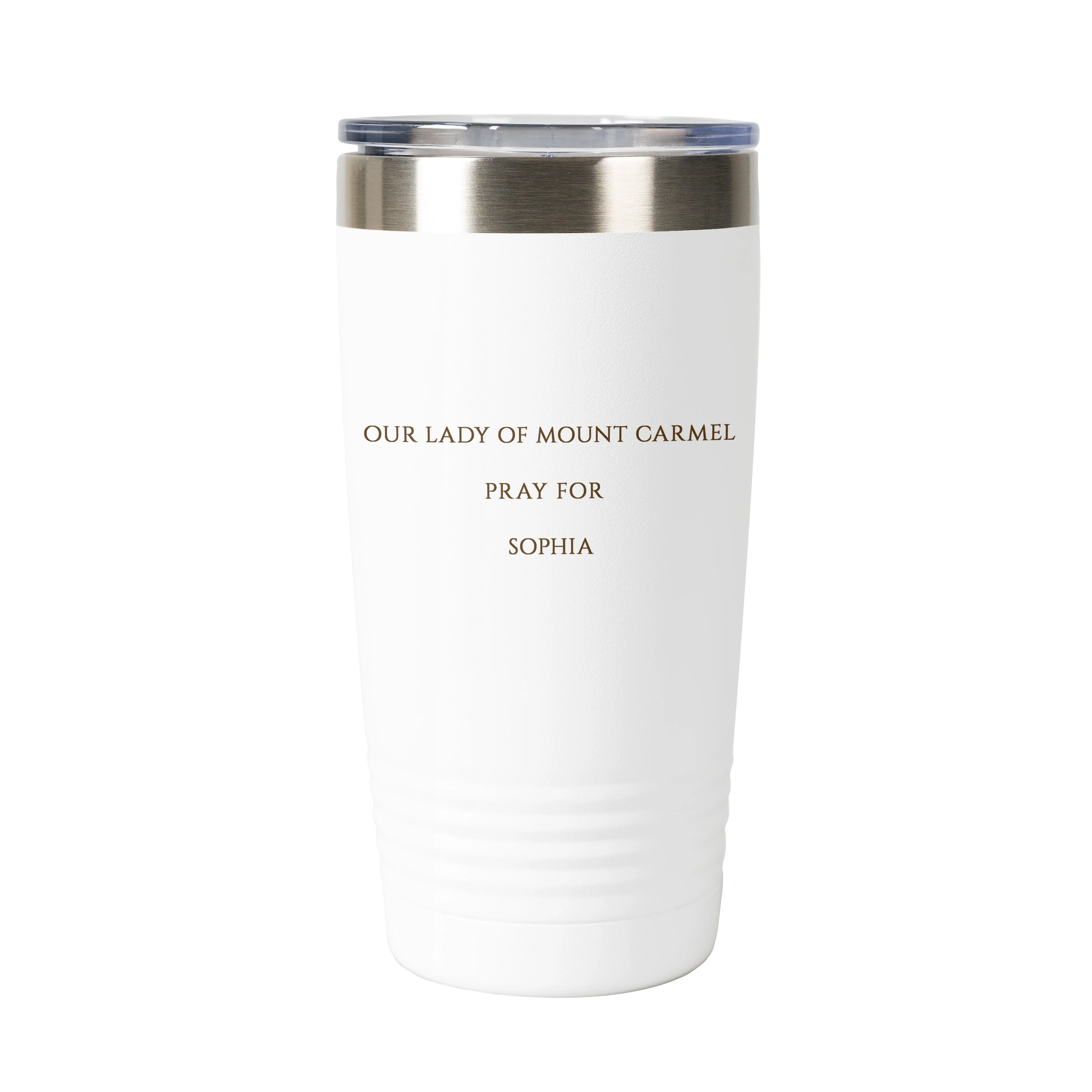 Our Lady of Mount Carmel Personalized 20 oz. White Tumbler - Image 3