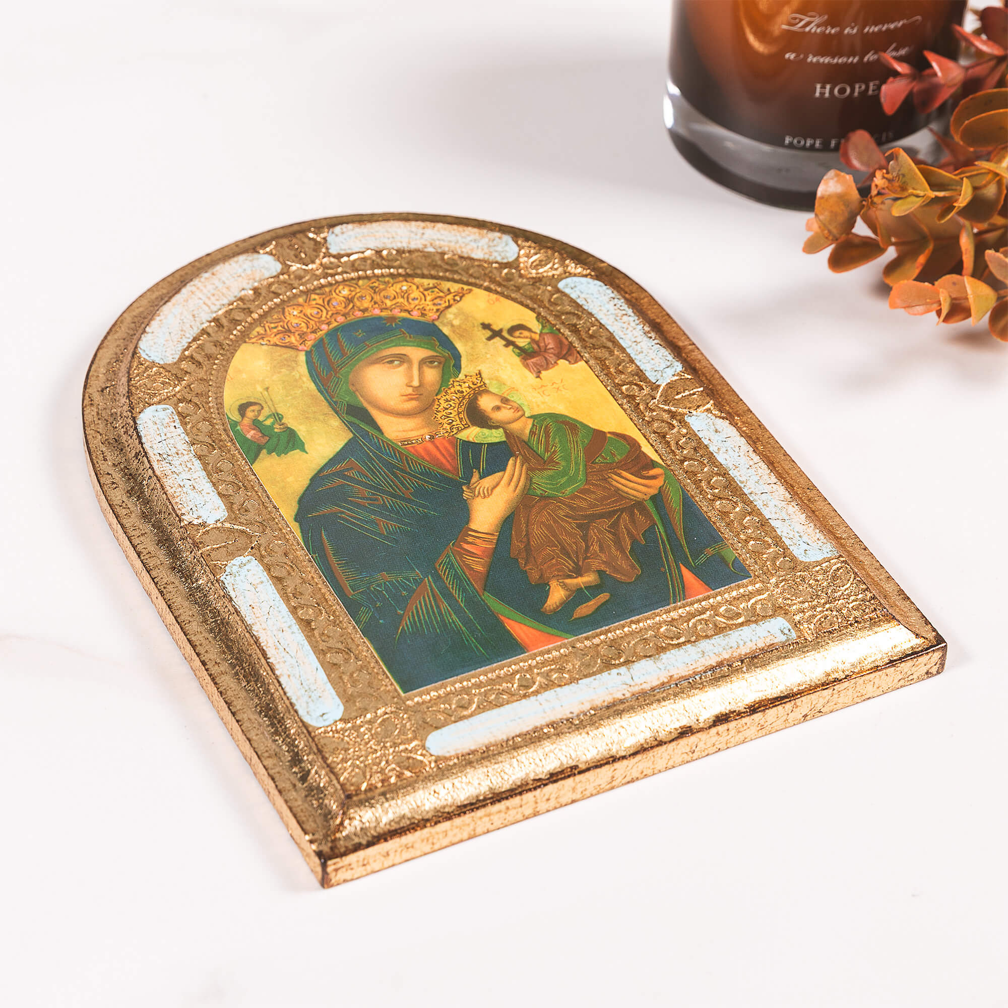 Our Lady of Perpetual Help Gold & Blue Arched Florentine Plaque -  8" x 6" - Image 2