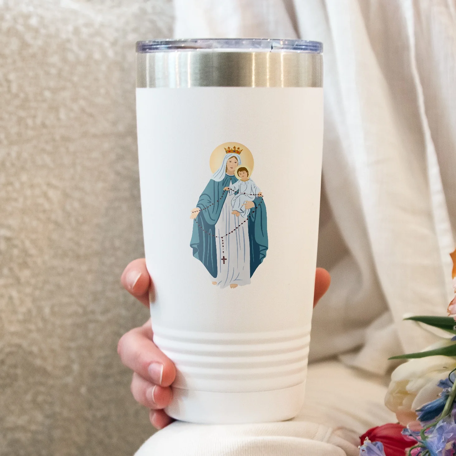 Our Lady of the Rosary Personalized 20 oz. White Tumbler - Image 2