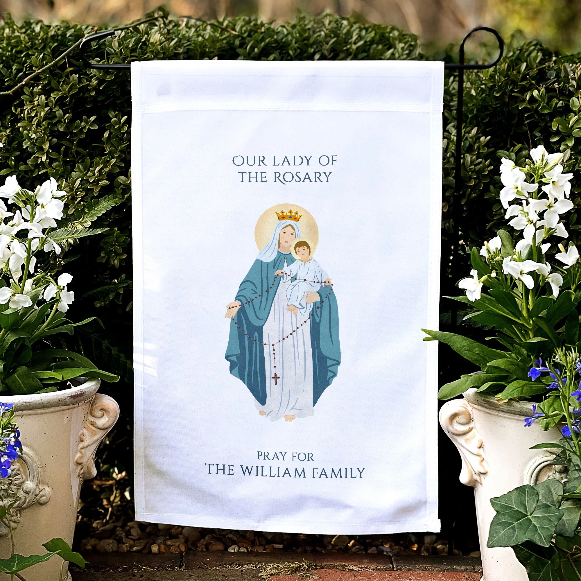 Our Lady of the Rosary Personalized Garden Flag