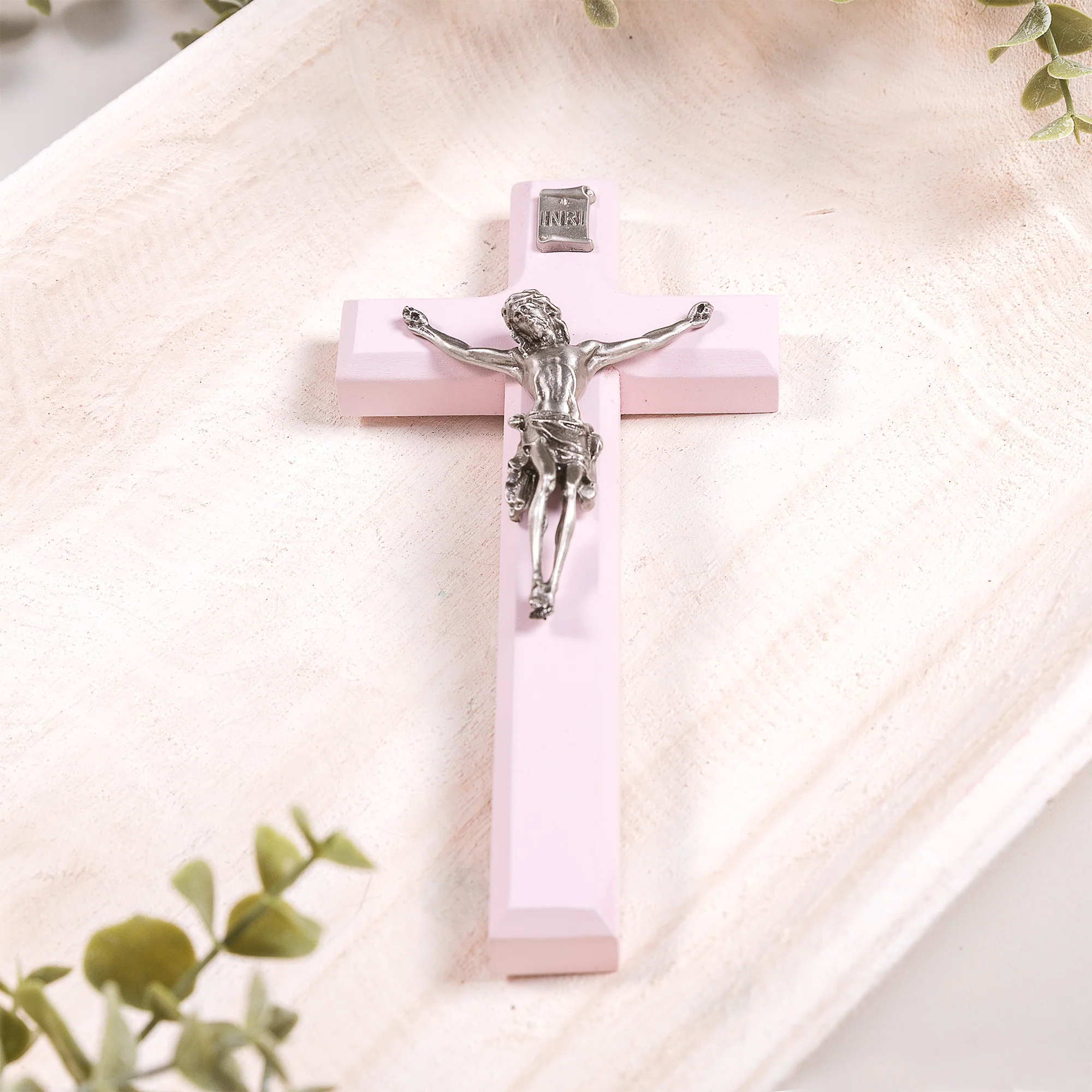 Painted Wood Children's Crucifix - Pink or Blue - 7" - Image 3
