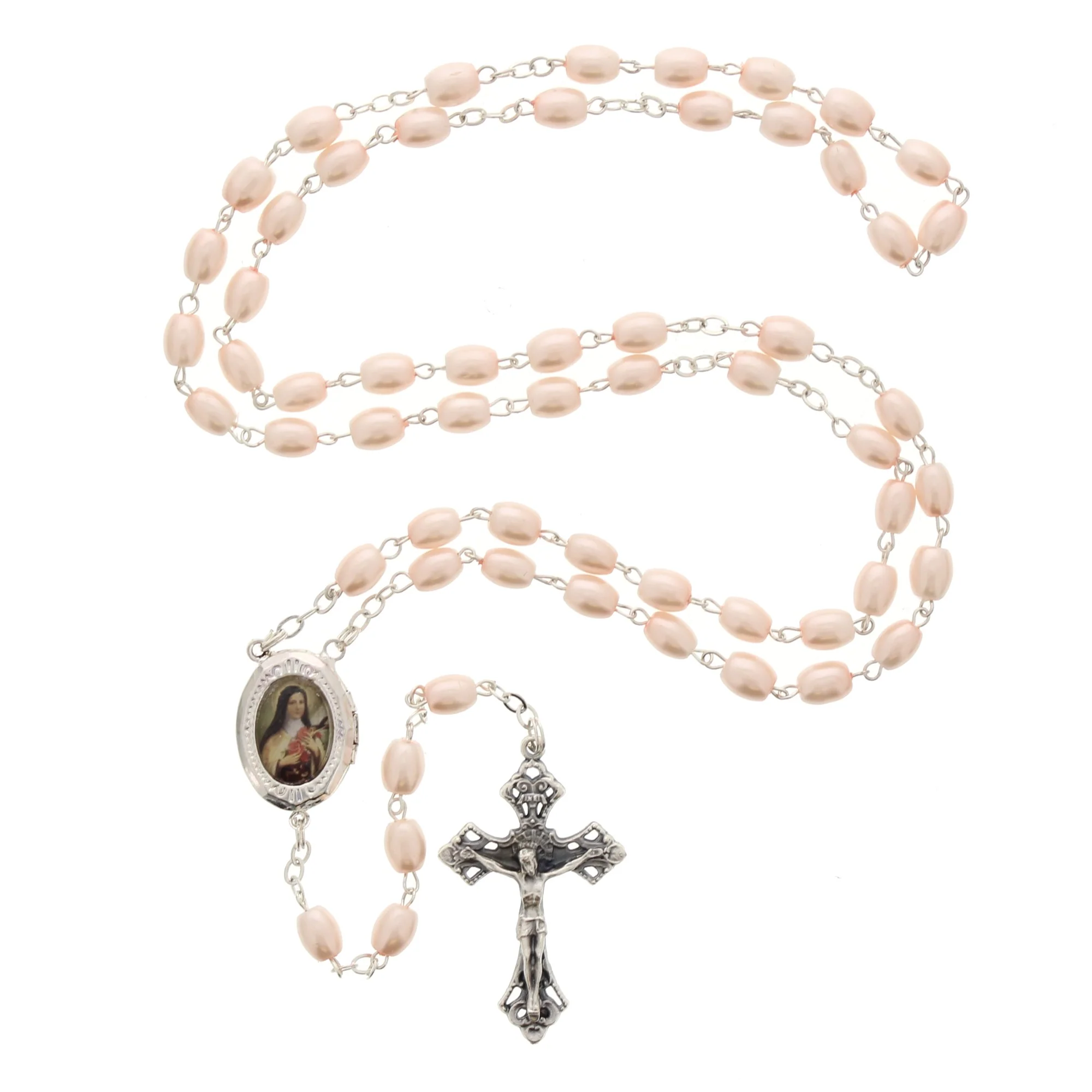 Pale Pink St. Therese Locket Rosary - Image 2