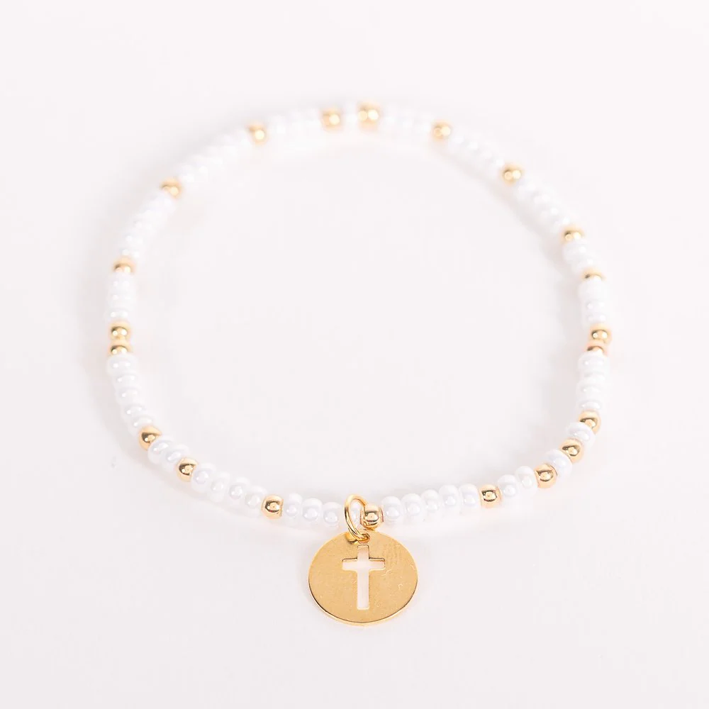 14 KT Gold Filled Pearl & Gold Bead Cross Cutout Charm Bracelet - Image 3