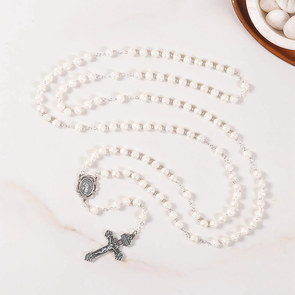 Pearl Roses 10 Decade 100 Requiem Rosary & The 100 Requiems Devotion Prayer Card Gift Set - Image 2
