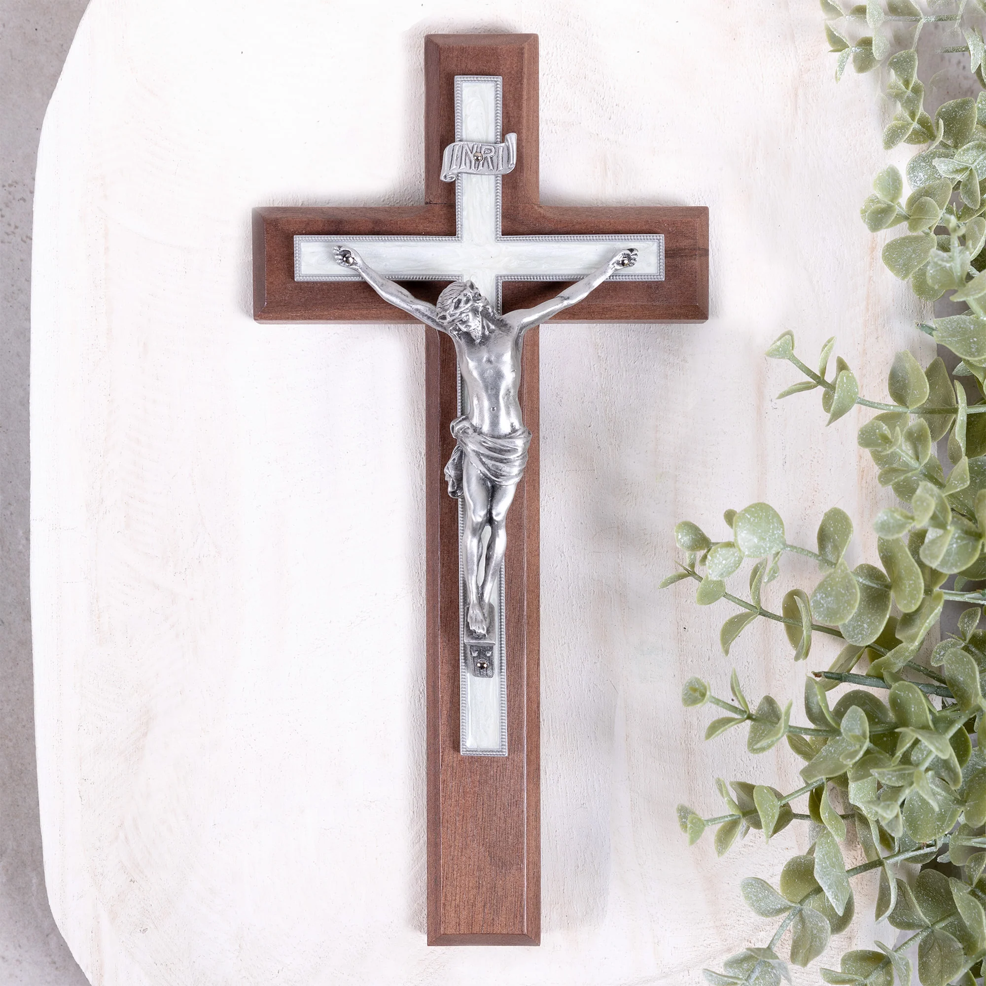 Pearlized Walnut Crucifix - Gold or Silver Corpus - 10"