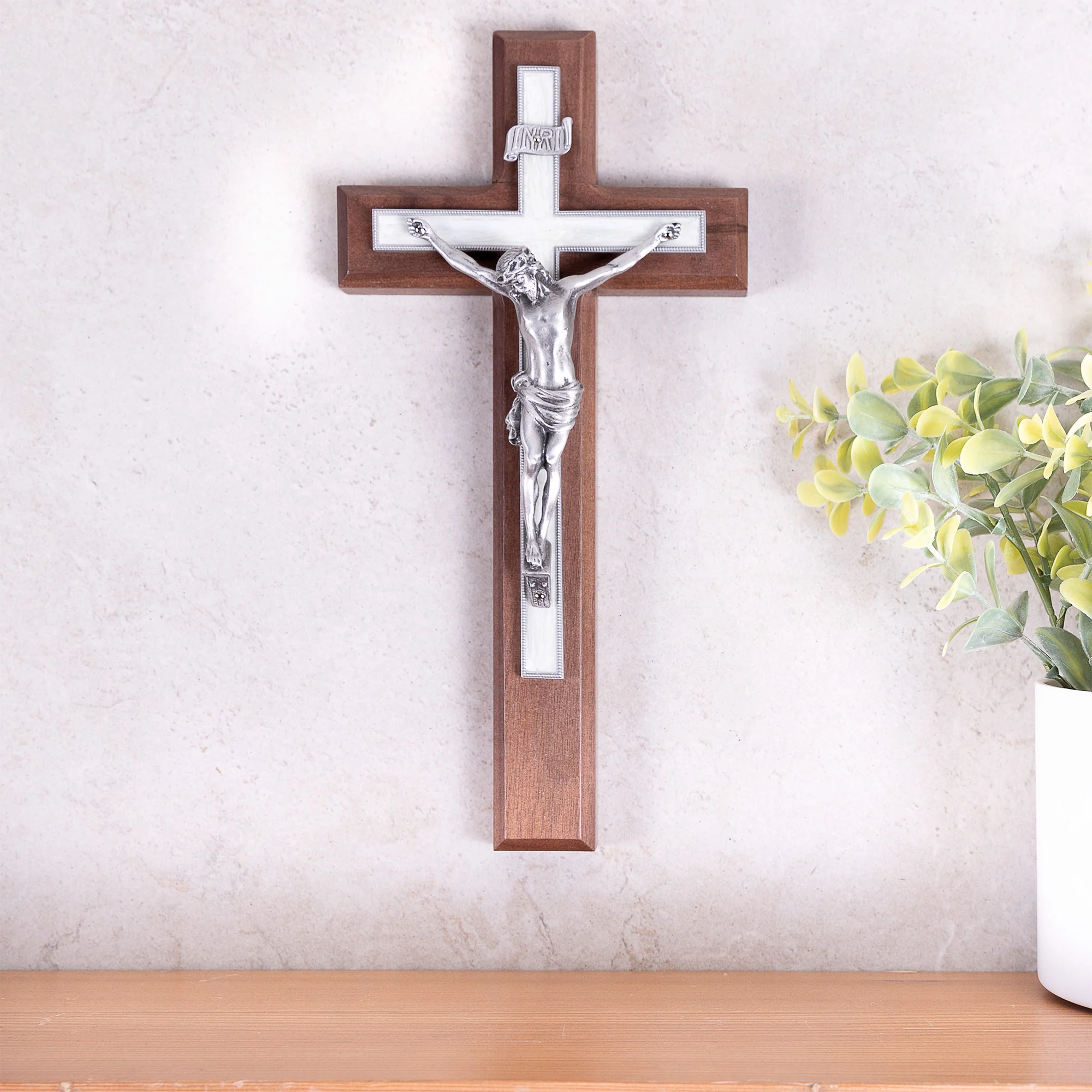 Pearlized Walnut Crucifix - Gold or Silver Corpus - 10" - Image 2