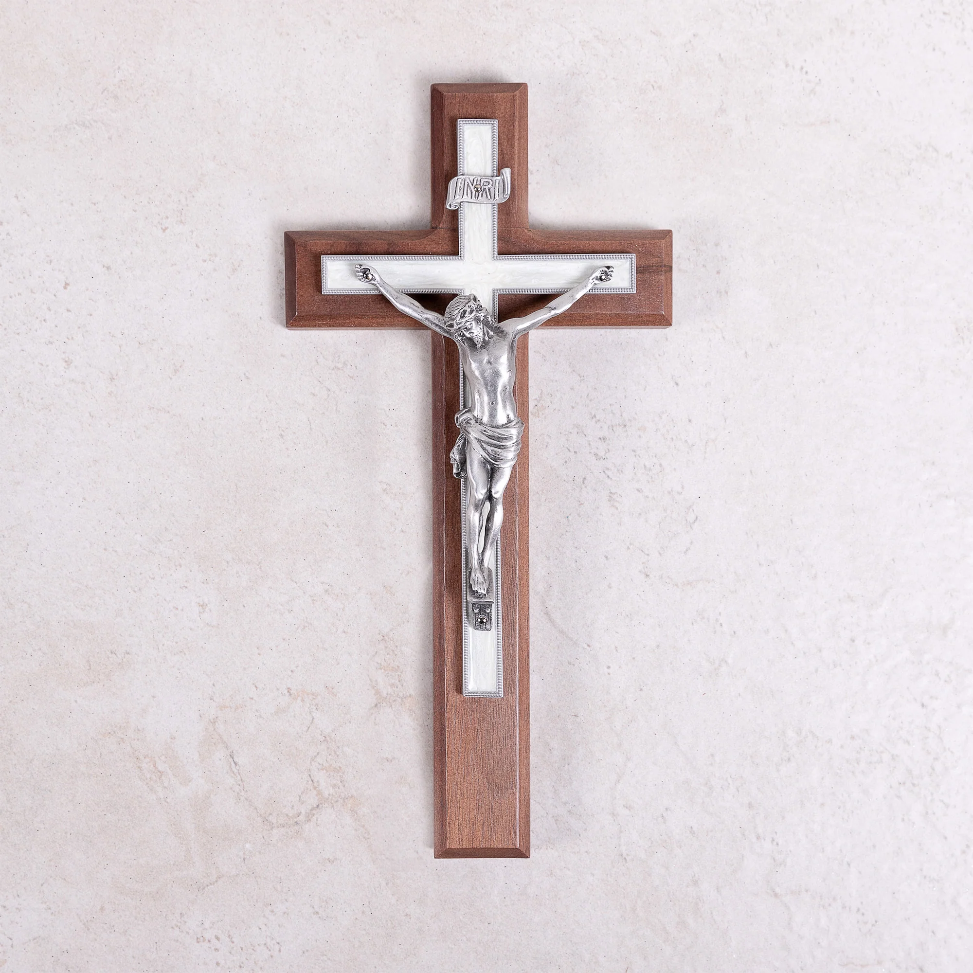 Pearlized Walnut Crucifix - Gold or Silver Corpus - 10" - Image 3