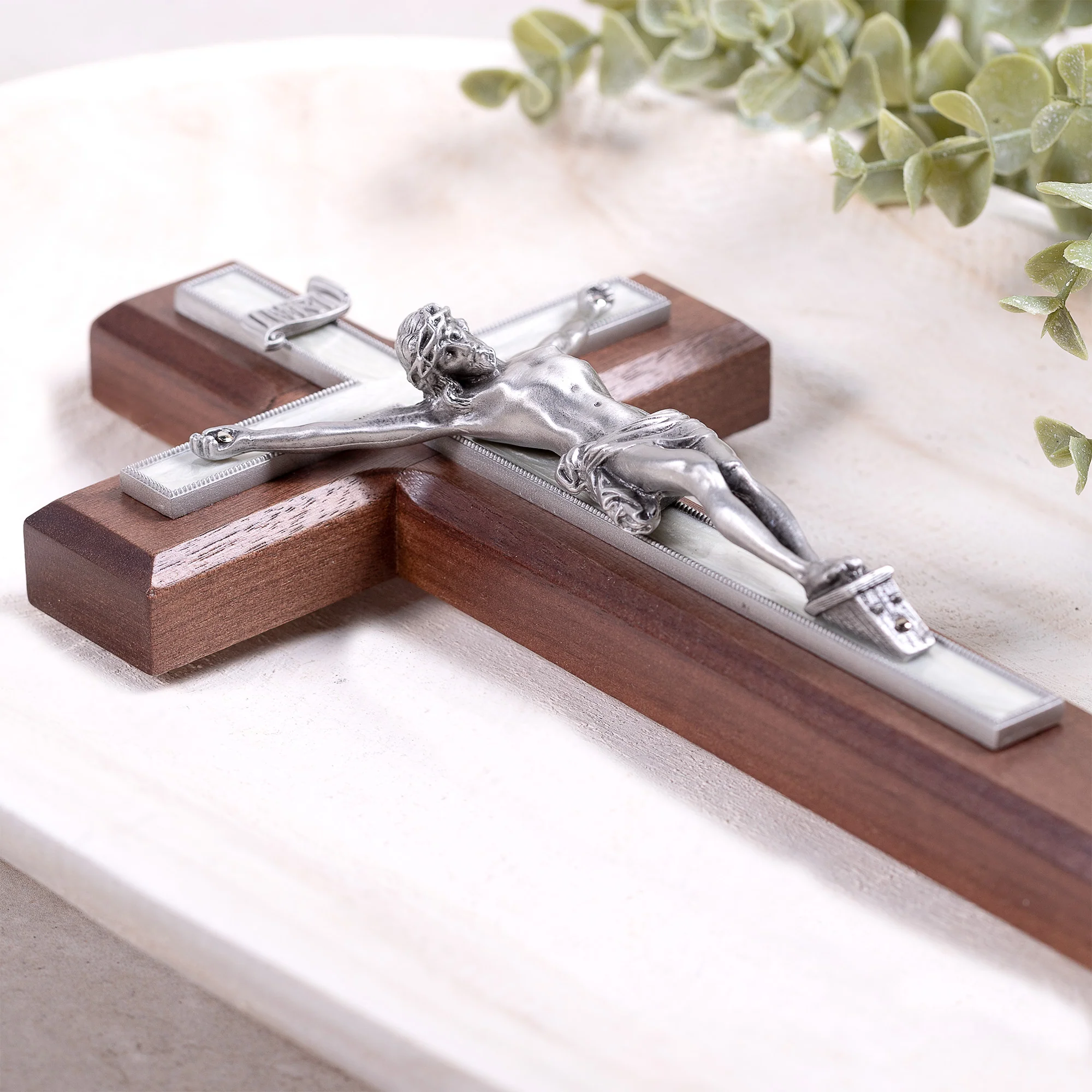 Pearlized Walnut Crucifix - Gold or Silver Corpus - 10" - Image 4