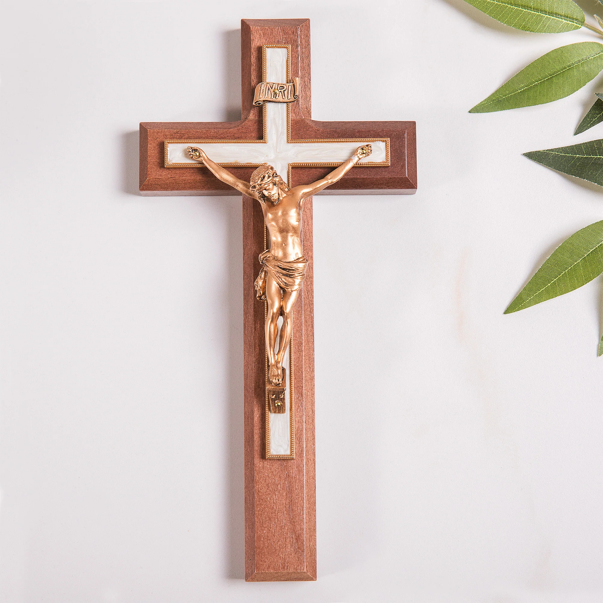Pearlized Walnut Crucifix - Gold or Silver Corpus - 10" - Image 5