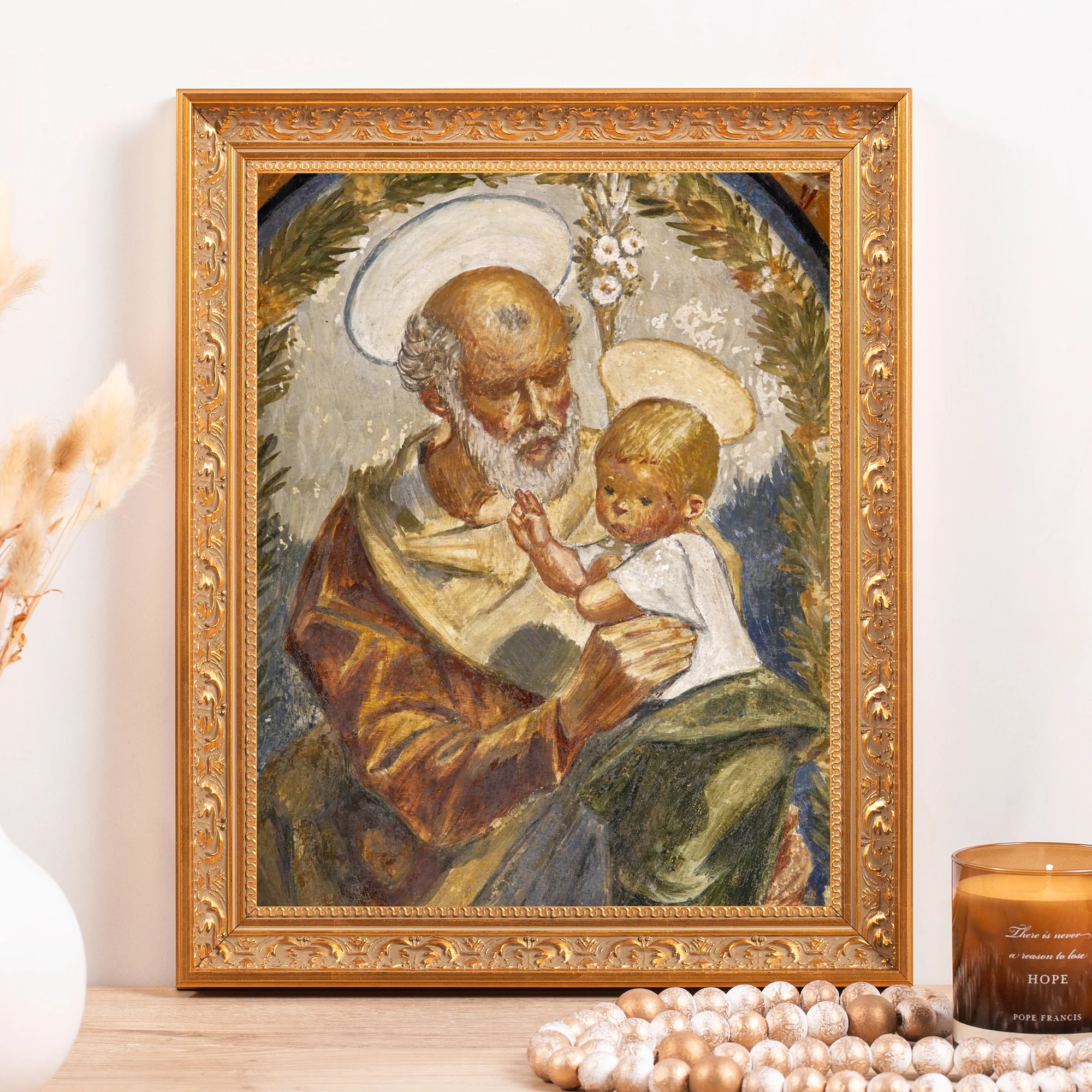 Pedralbes Fresco of Jesus & St. Joseph Framed Canvas - Sacred Classics Collection