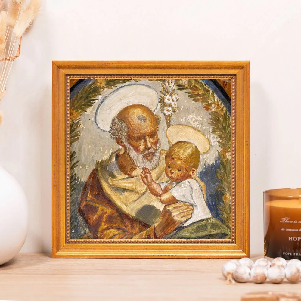 Pedralbes Fresco of Jesus & St. Joseph Framed Canvas - Sacred Mini Collection - Image 5