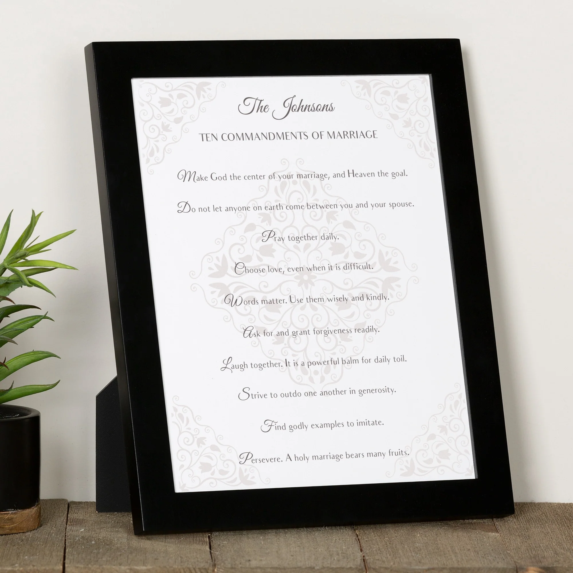 Personalized 10 Commandments of Marriage Damask Black Framed Print