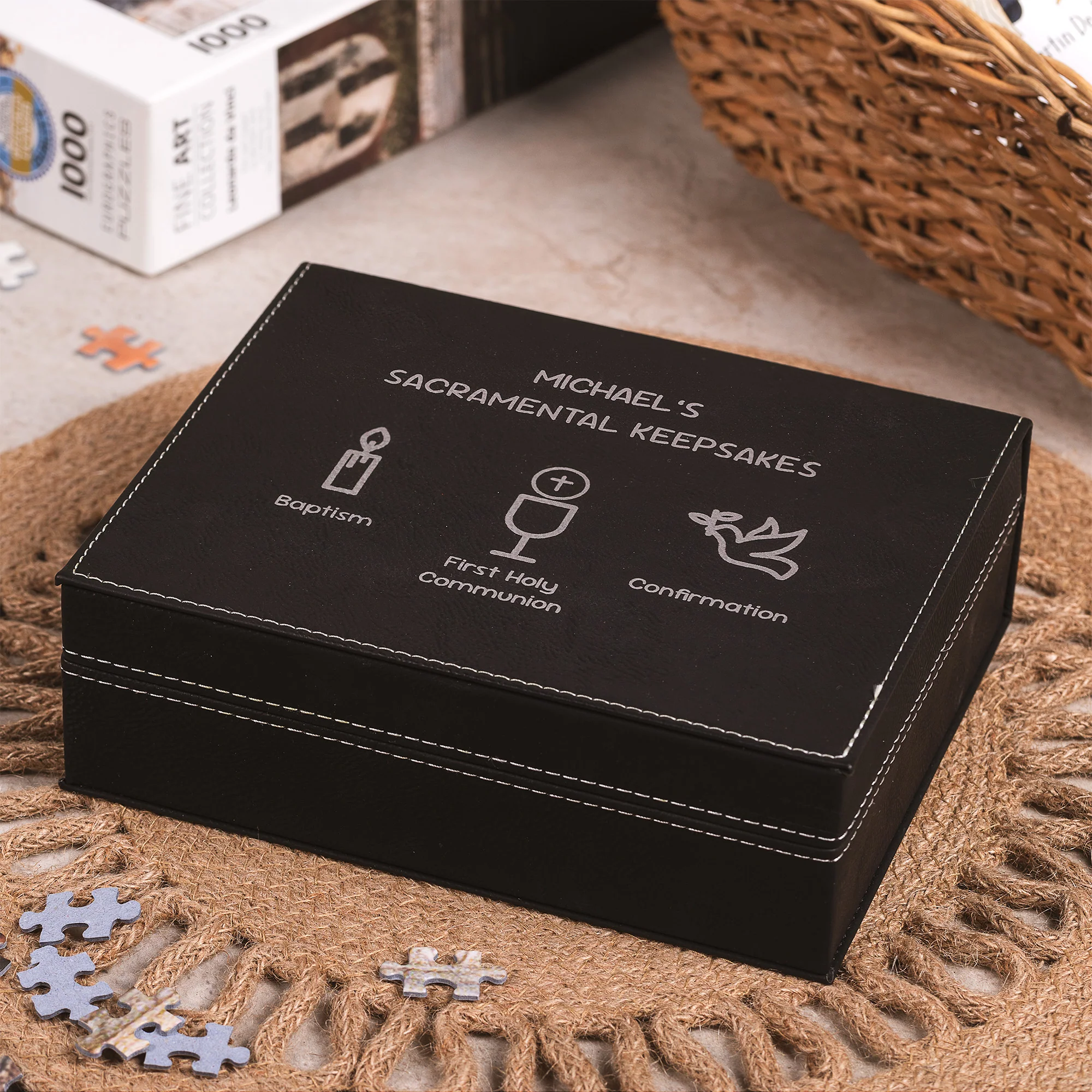 Personalized Black Leather Sacramental Keepsake Box - Image 2