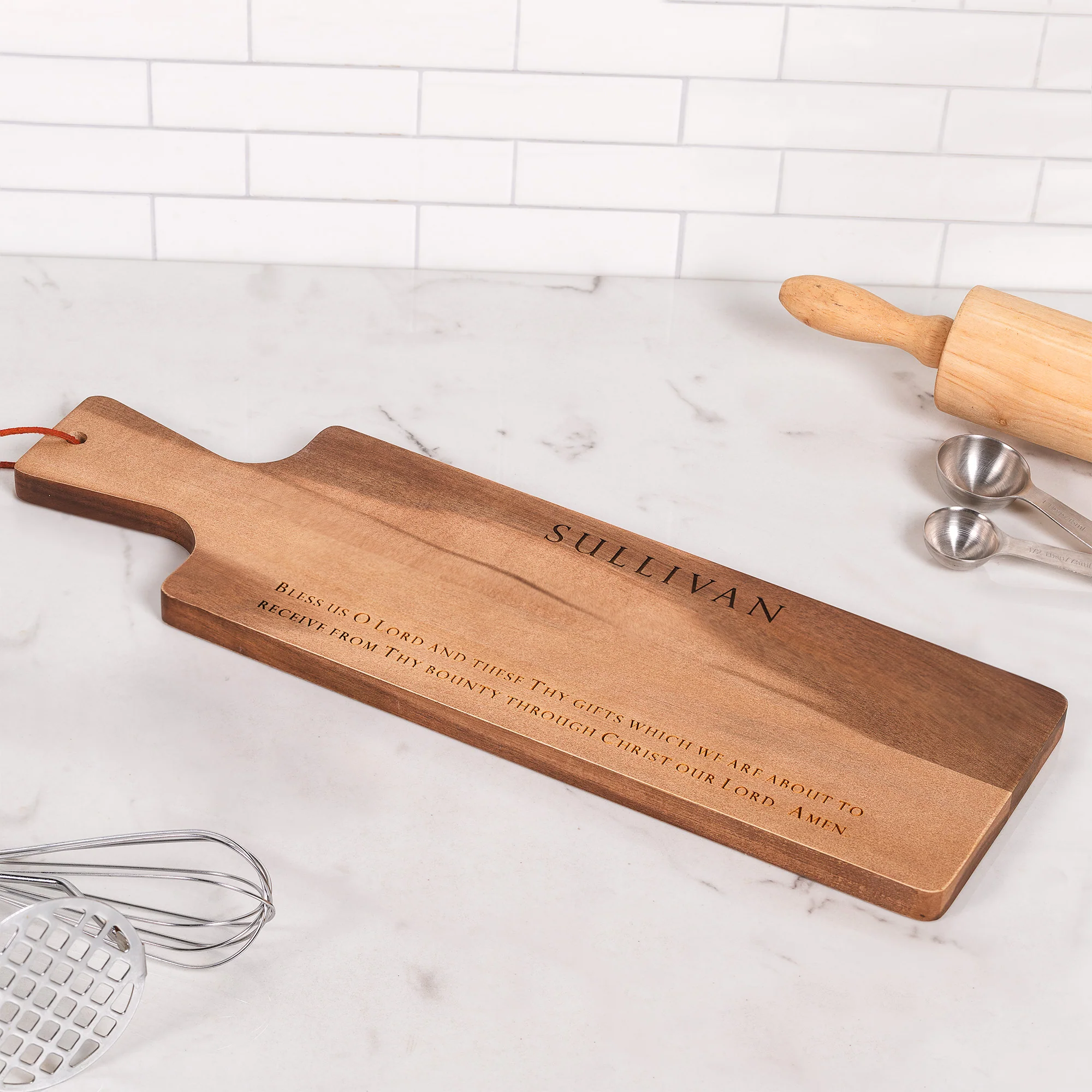 Personalized Bless Us O Lord Acacia Cutting Board
