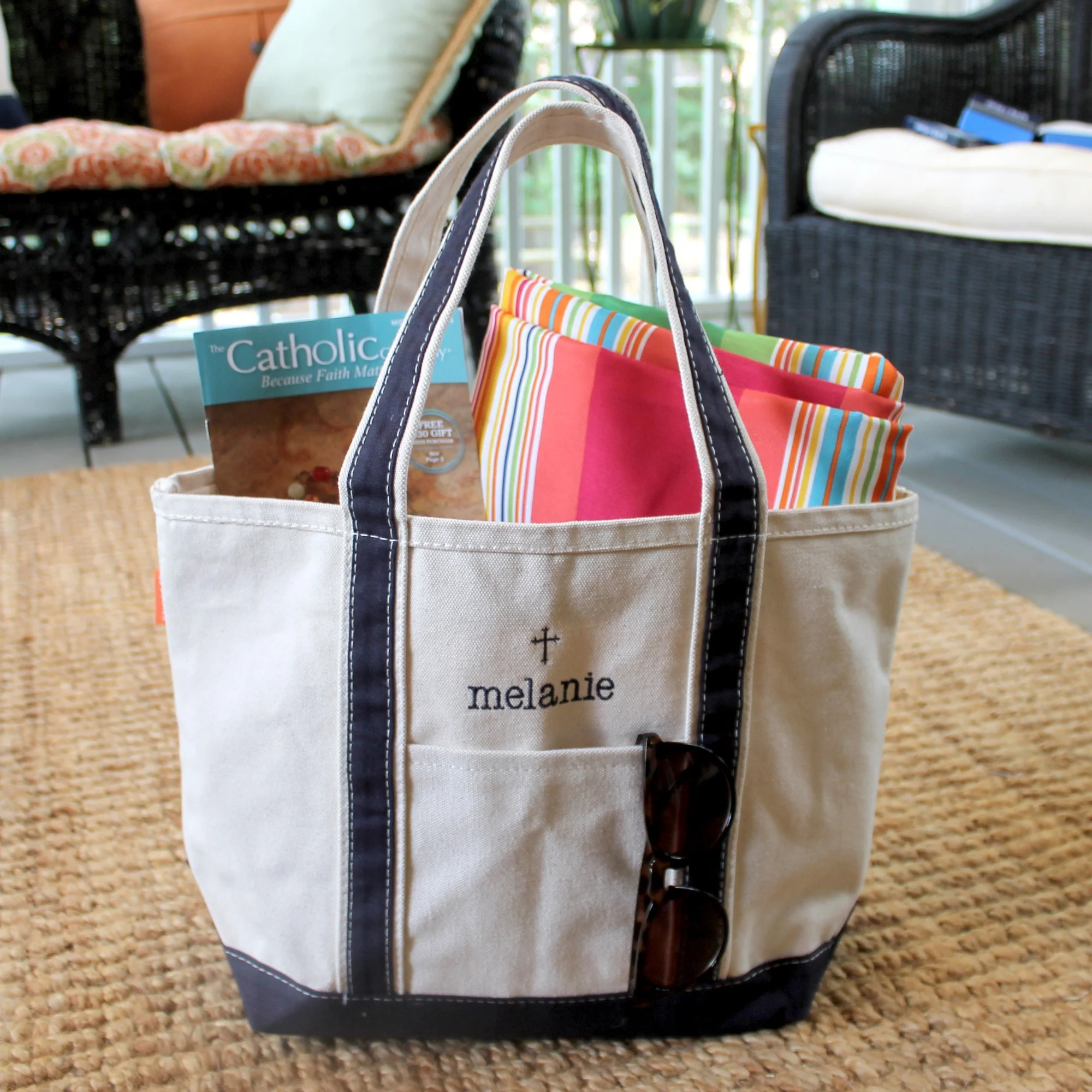 Personalized Canvas Cross Tote Natural & Navy - Medium - Image 5