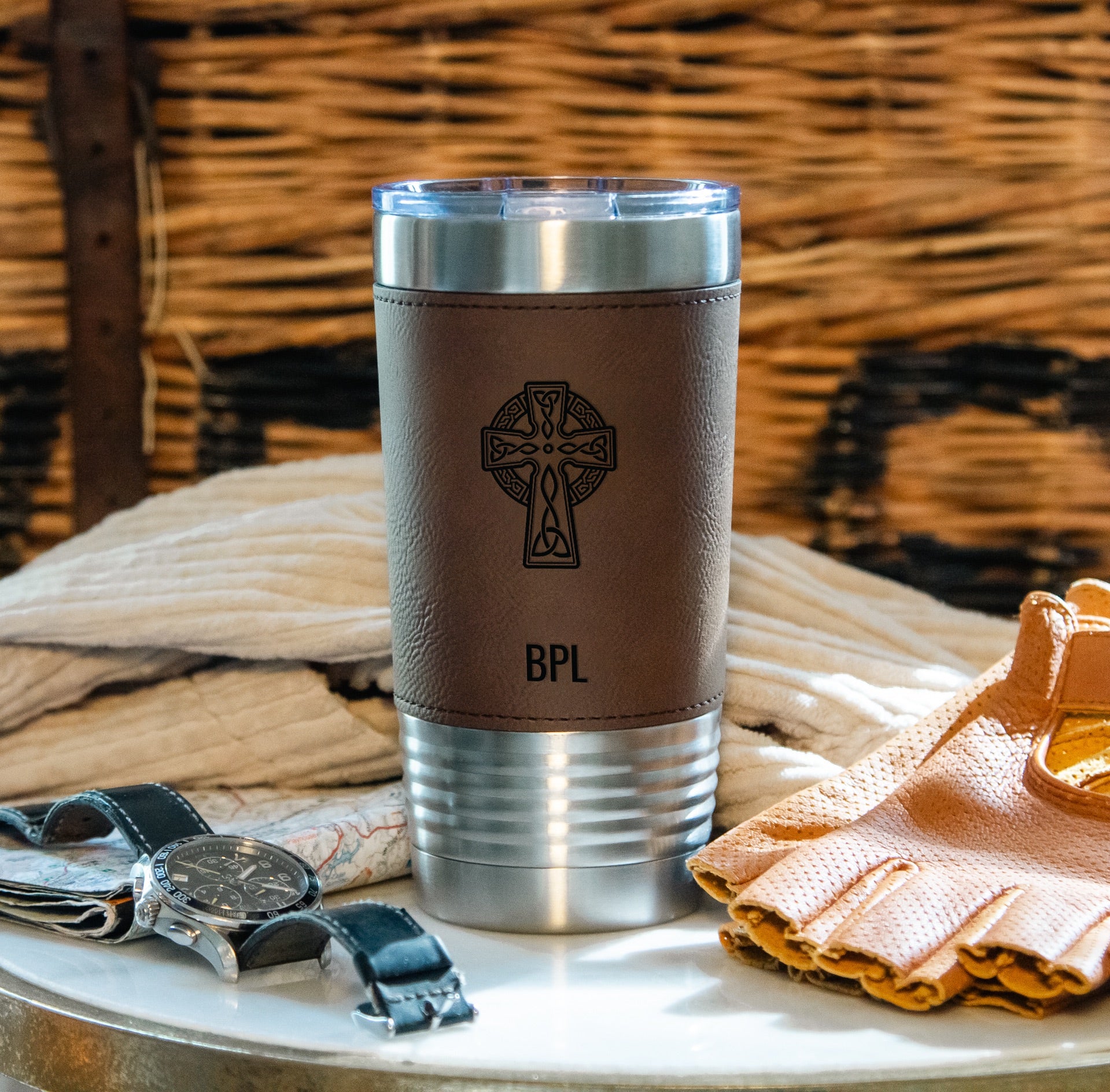 Personalized Celtic Cross Stainless Steel & Leather Tumbler