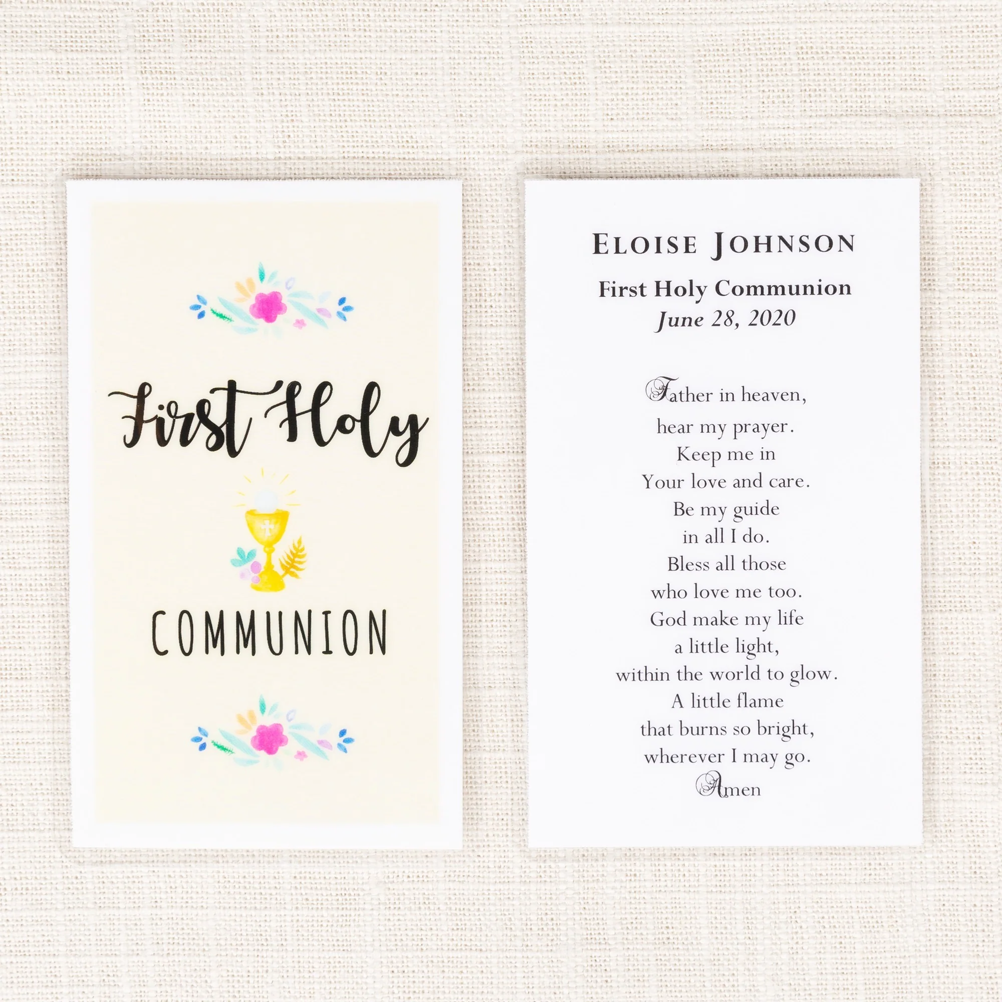 Personalized First Communion Girls Watercolor Prayer Card