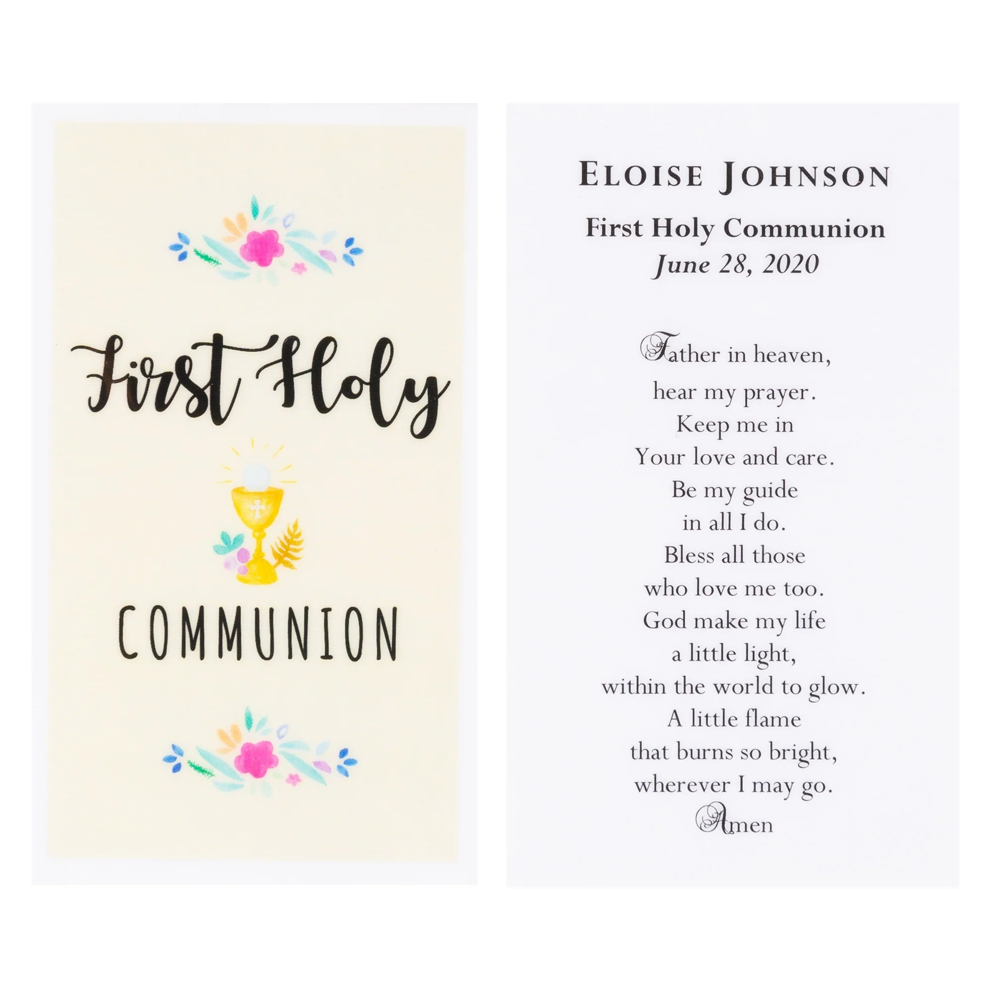Personalized First Communion Girls Watercolor Prayer Card - Image 2