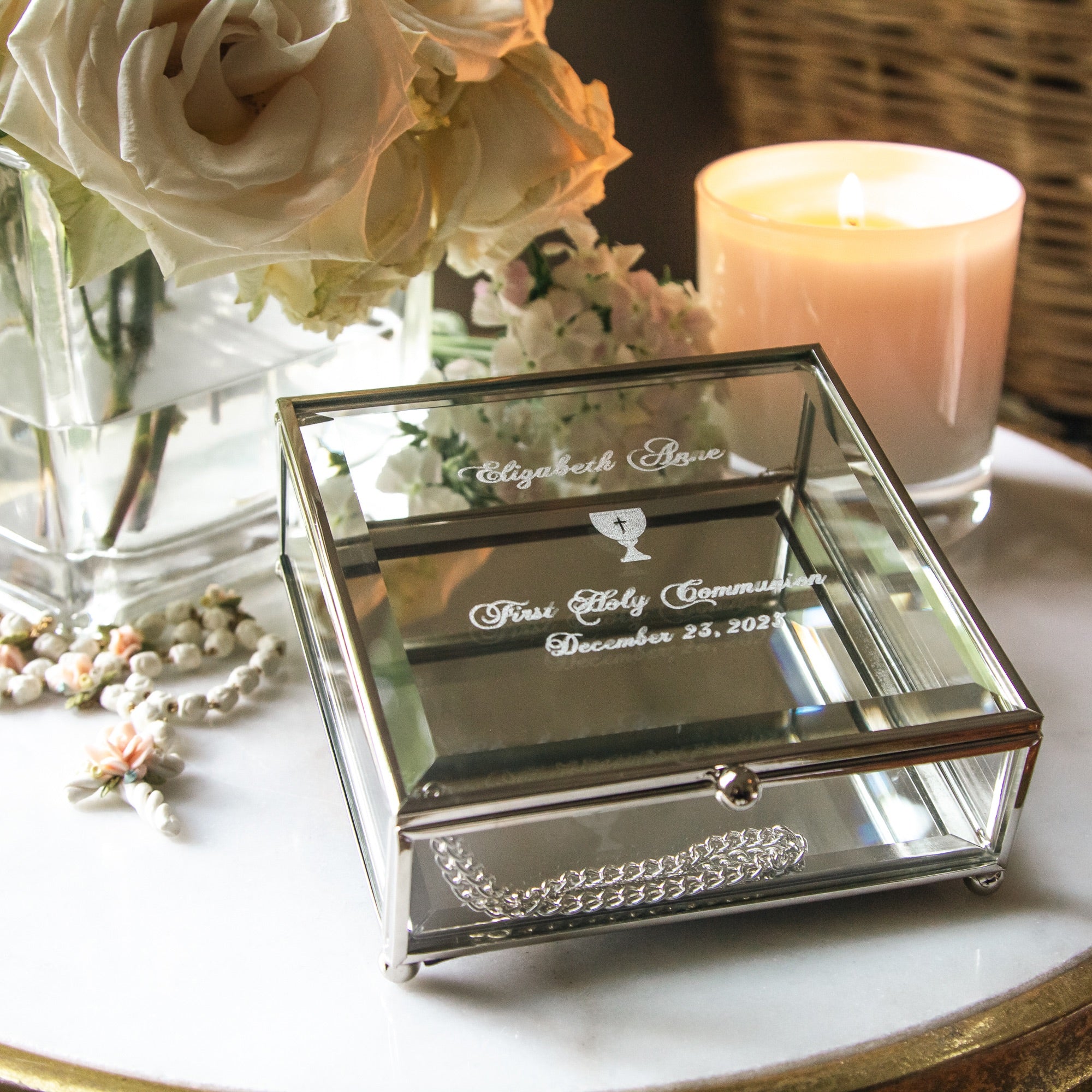 Personalized First Communion Glass Keepsake Box - 4.75 inch square