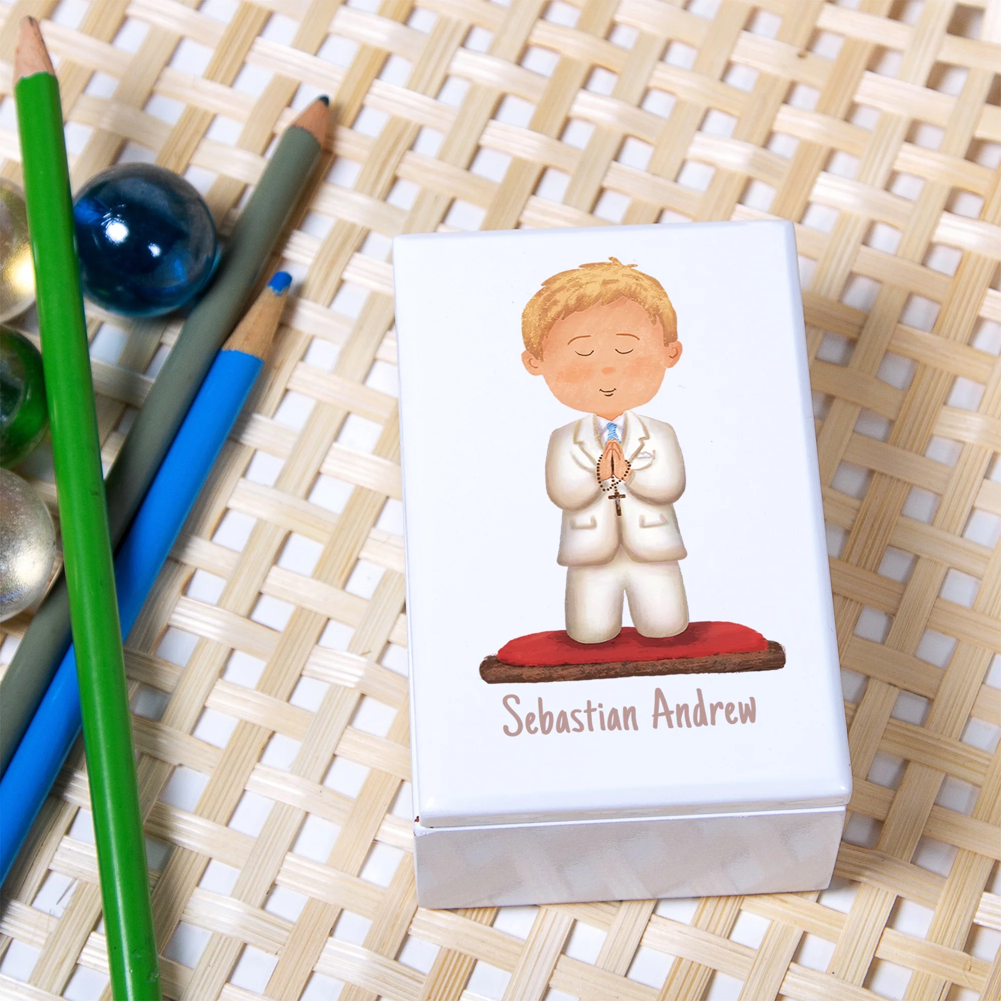 Personalized First Communion White Keepsake Box for Boys - Image 4
