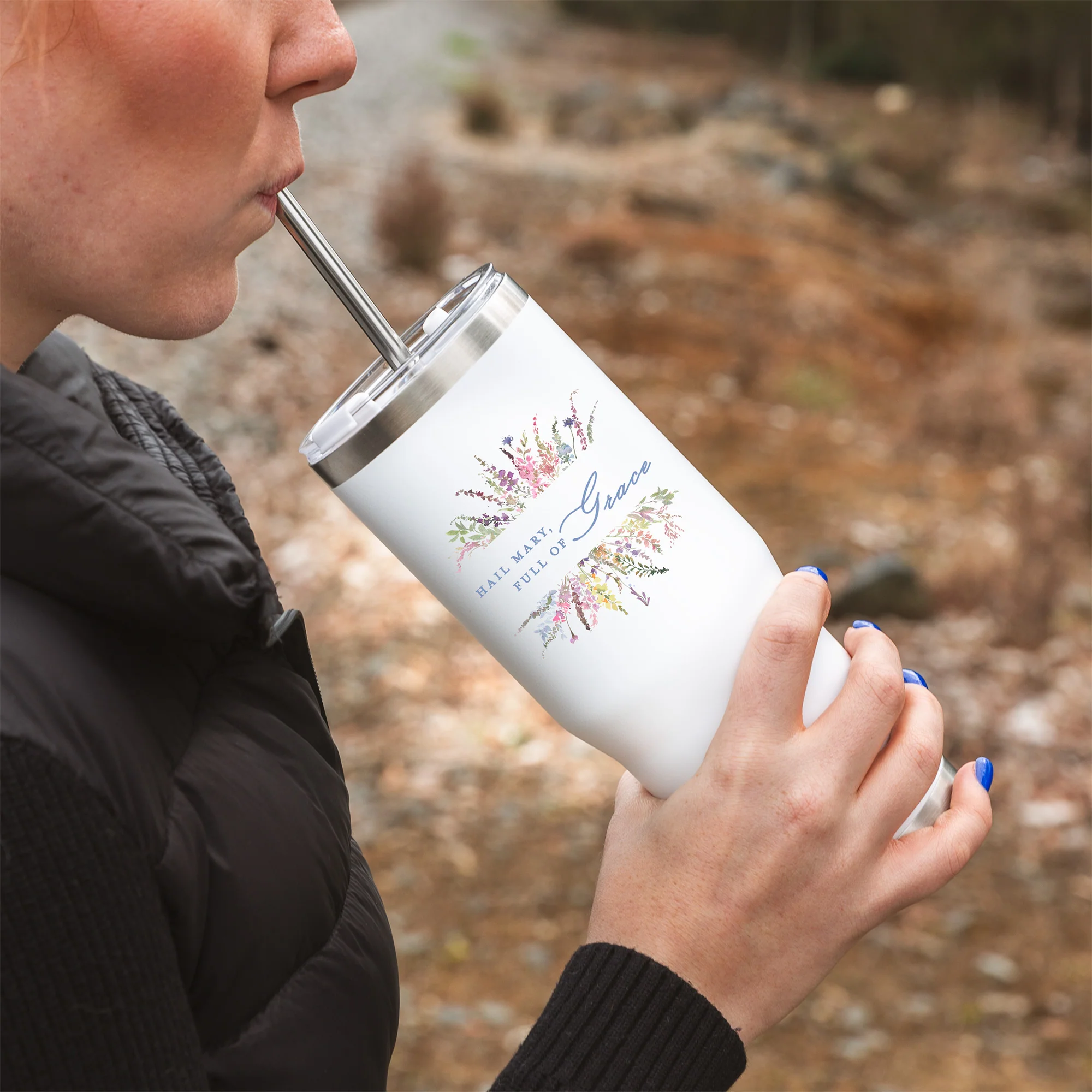 Personalized Floral Hail Mary Tumbler with Straw - Image 3