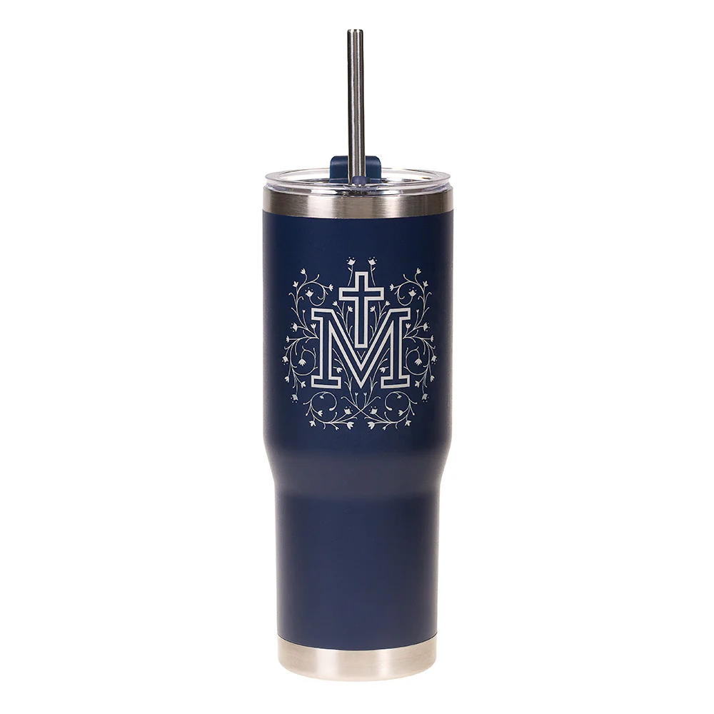 Personalized Floral Marian Cross Tumbler with Straw - Image 2