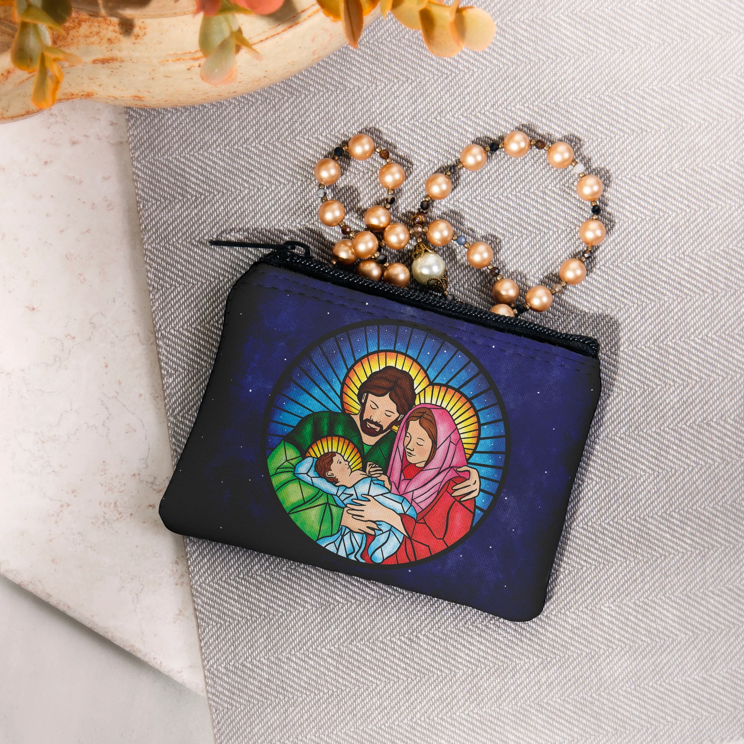 Personalized Holy Family Stained Glass Rosary Pouch