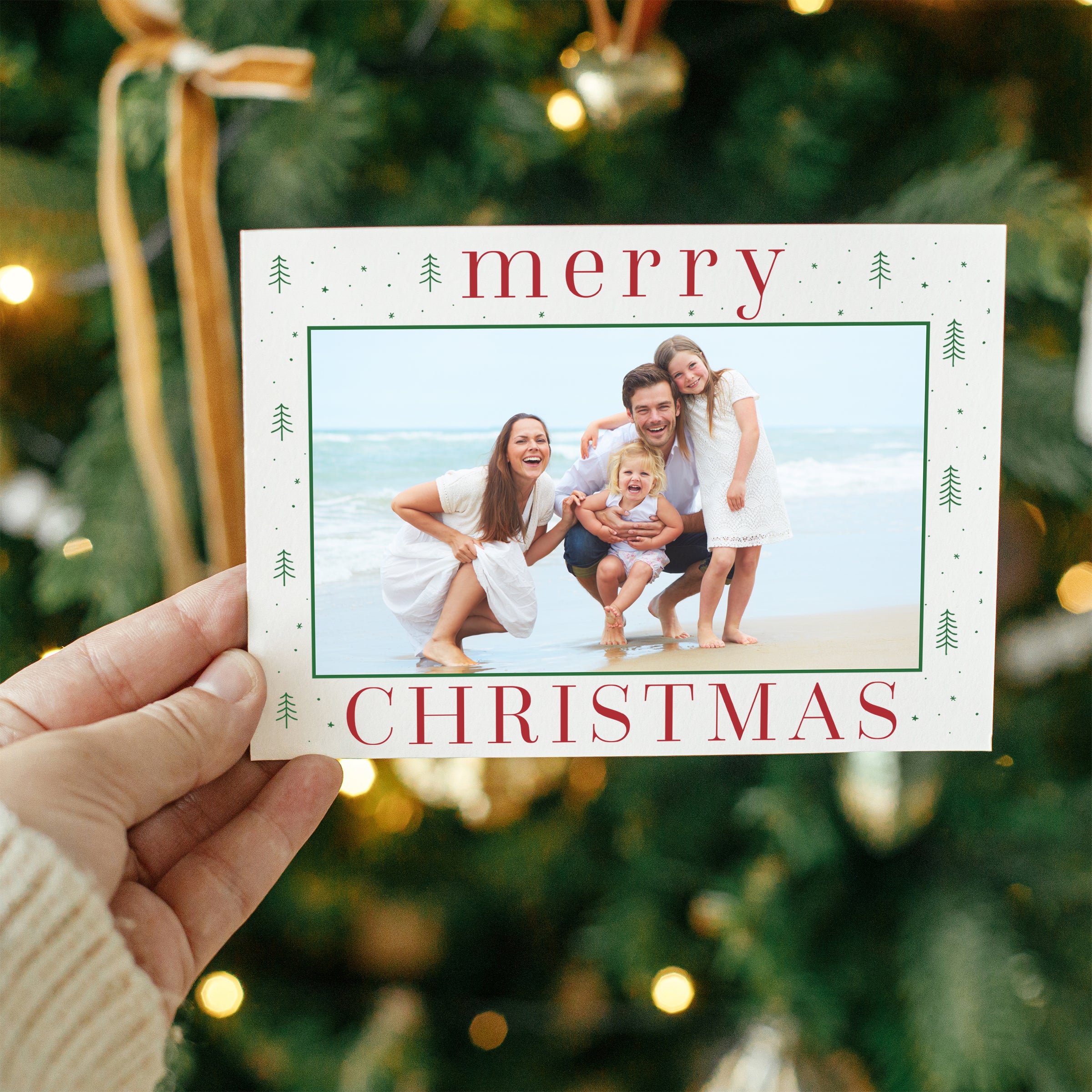 Personalized Merry Christmas Trees & Snowflakes Photo Christmas Cards