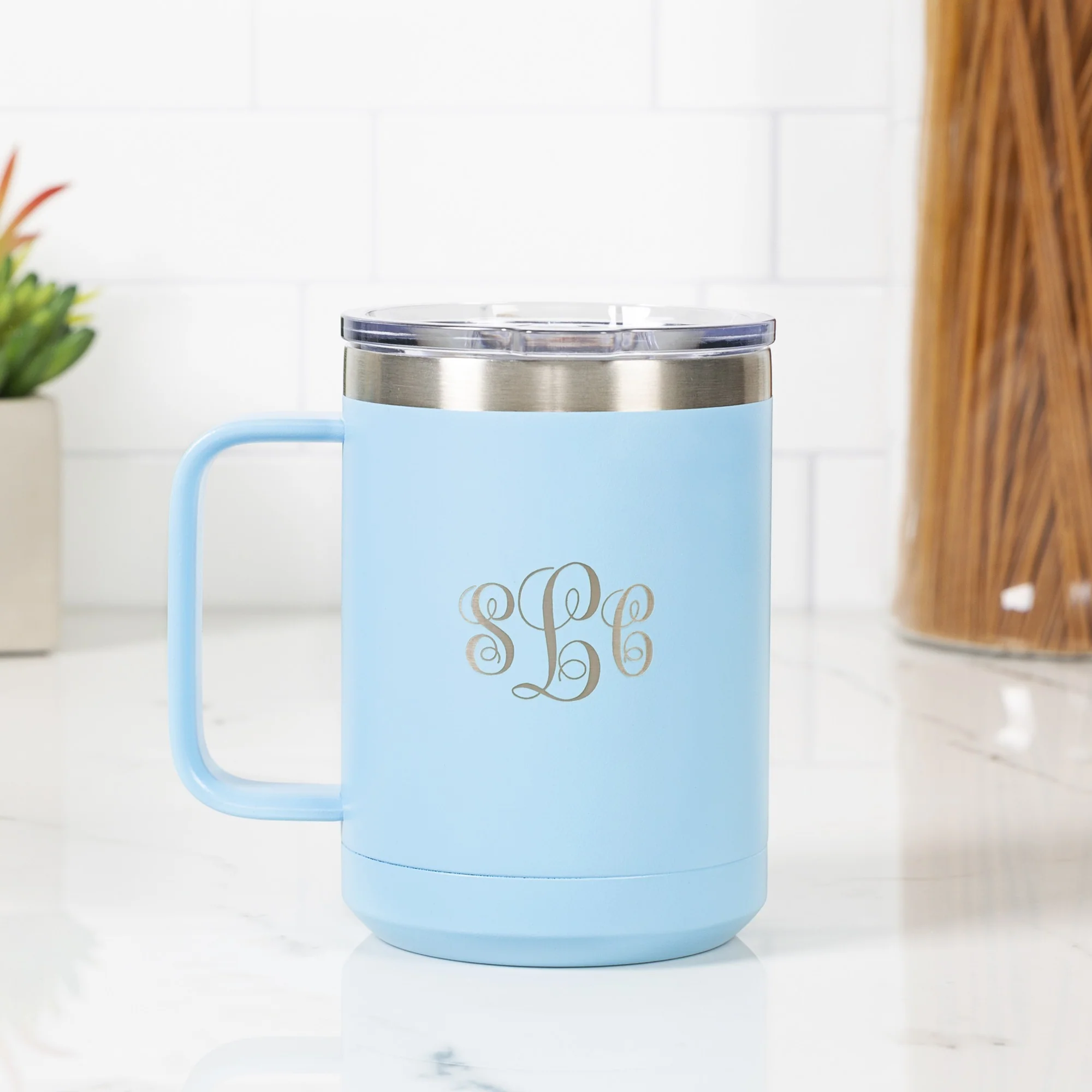 Personalized Miraculous Medal Blue Travel Mug - Image 2